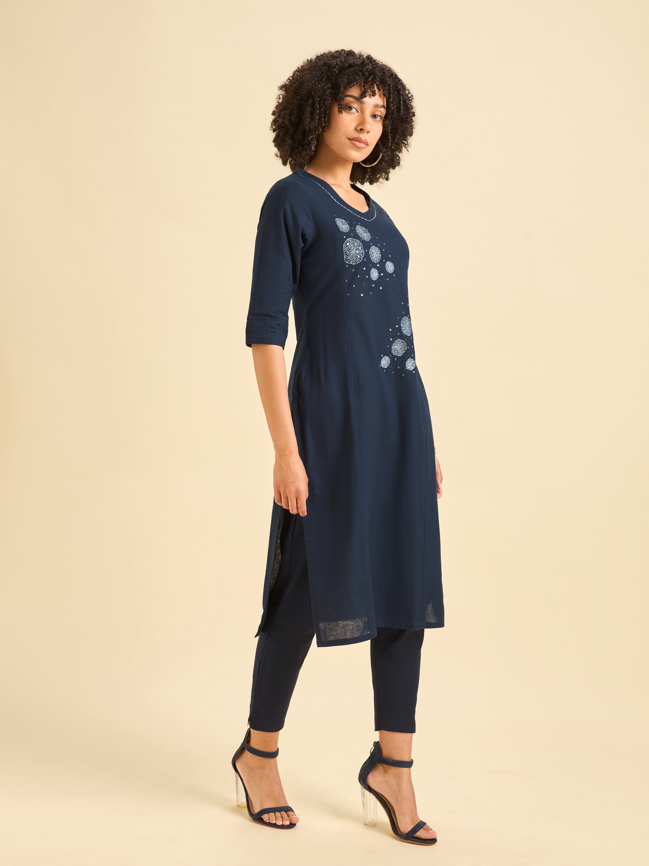 Navy Blue Cotton Flax Kurti With Sequins Embroidery