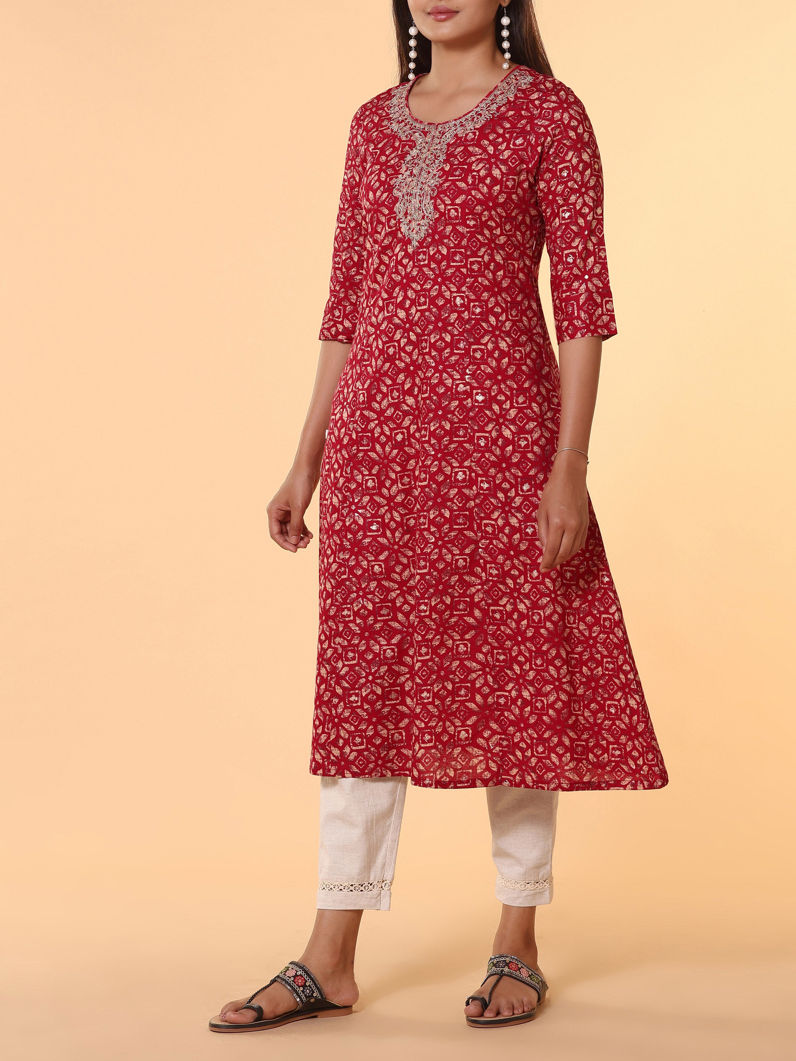 Pink Pure Cotton Printed Kurti With Embroidery