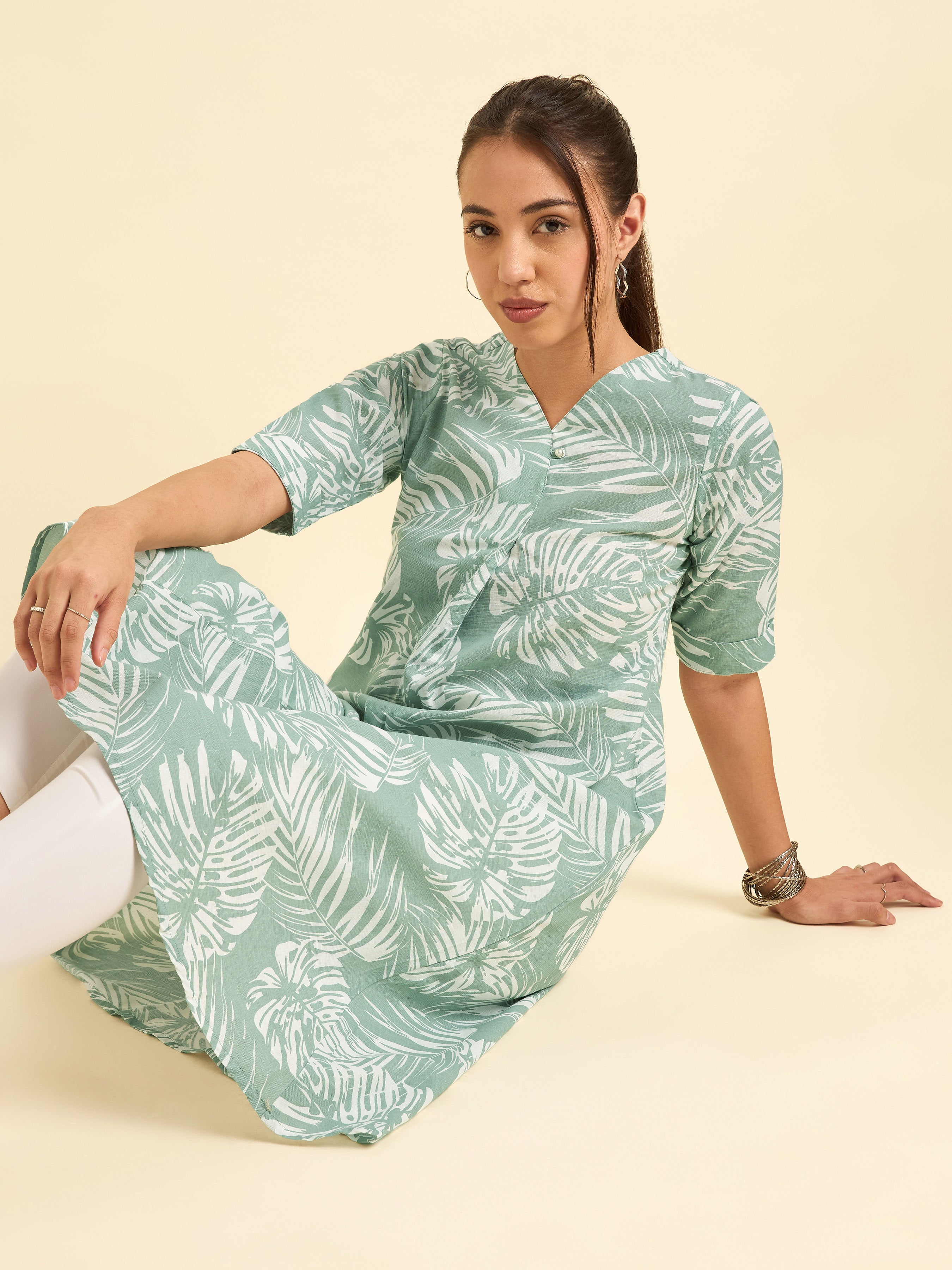 Sage Green And White Cotton Linen Printed Flared Kurti With Knife Pleat