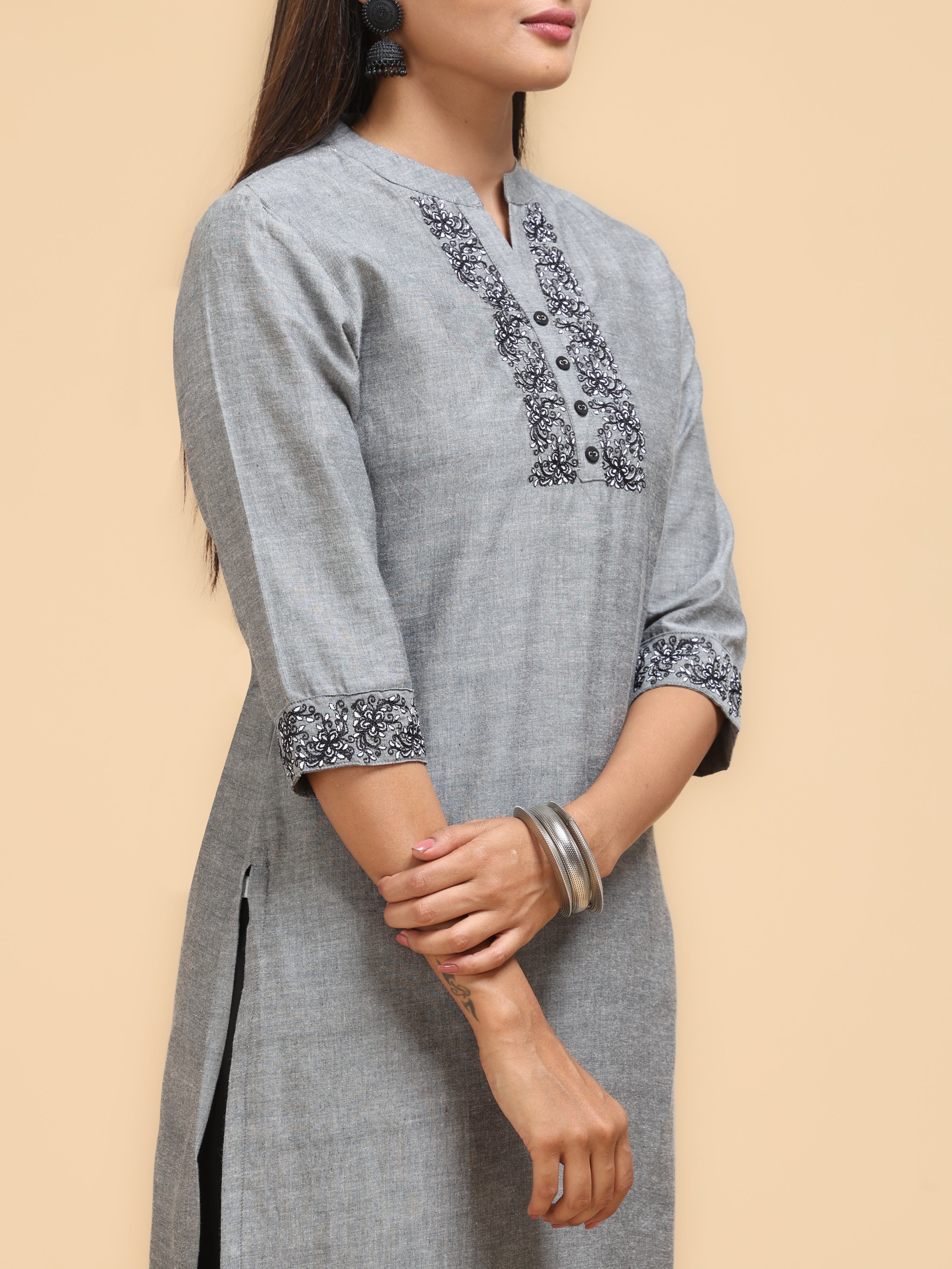 Grey Pure Cotton Kurti With Embroidery