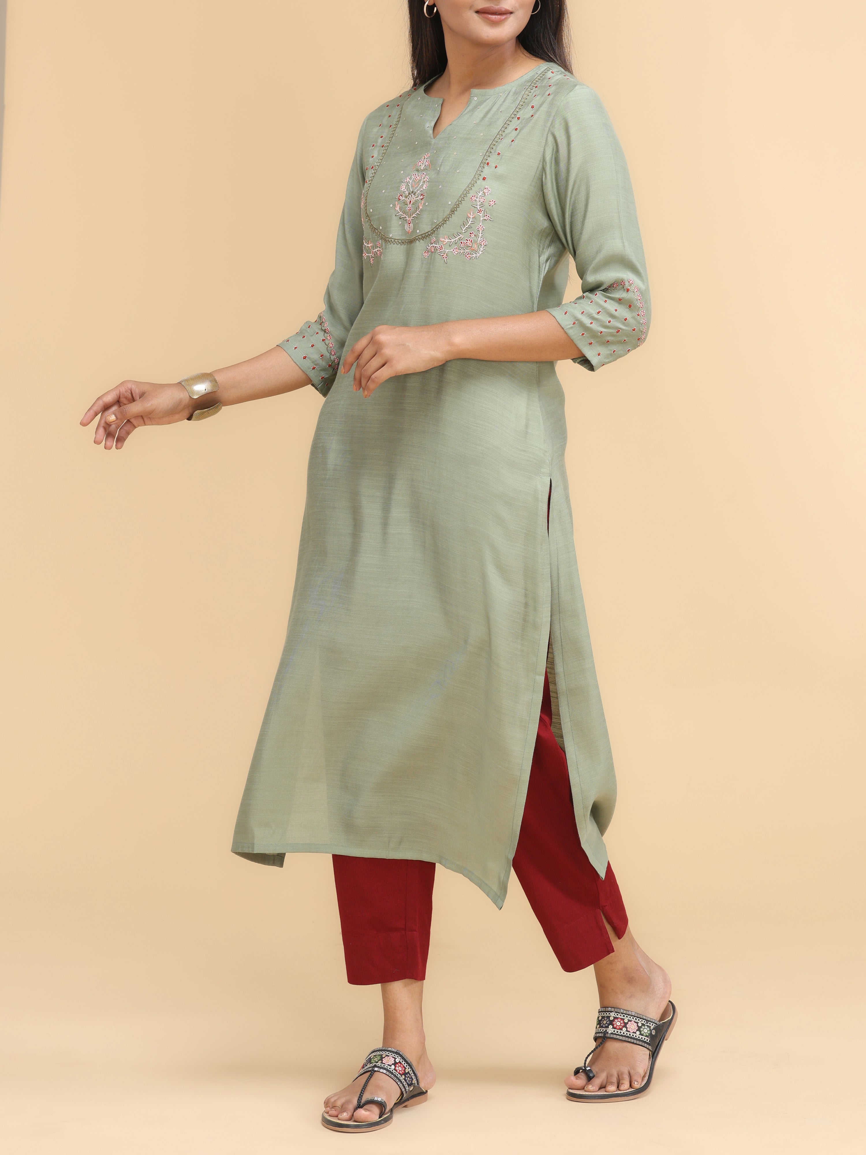 Pista Green Viscose Slub Kurti With Embroidery