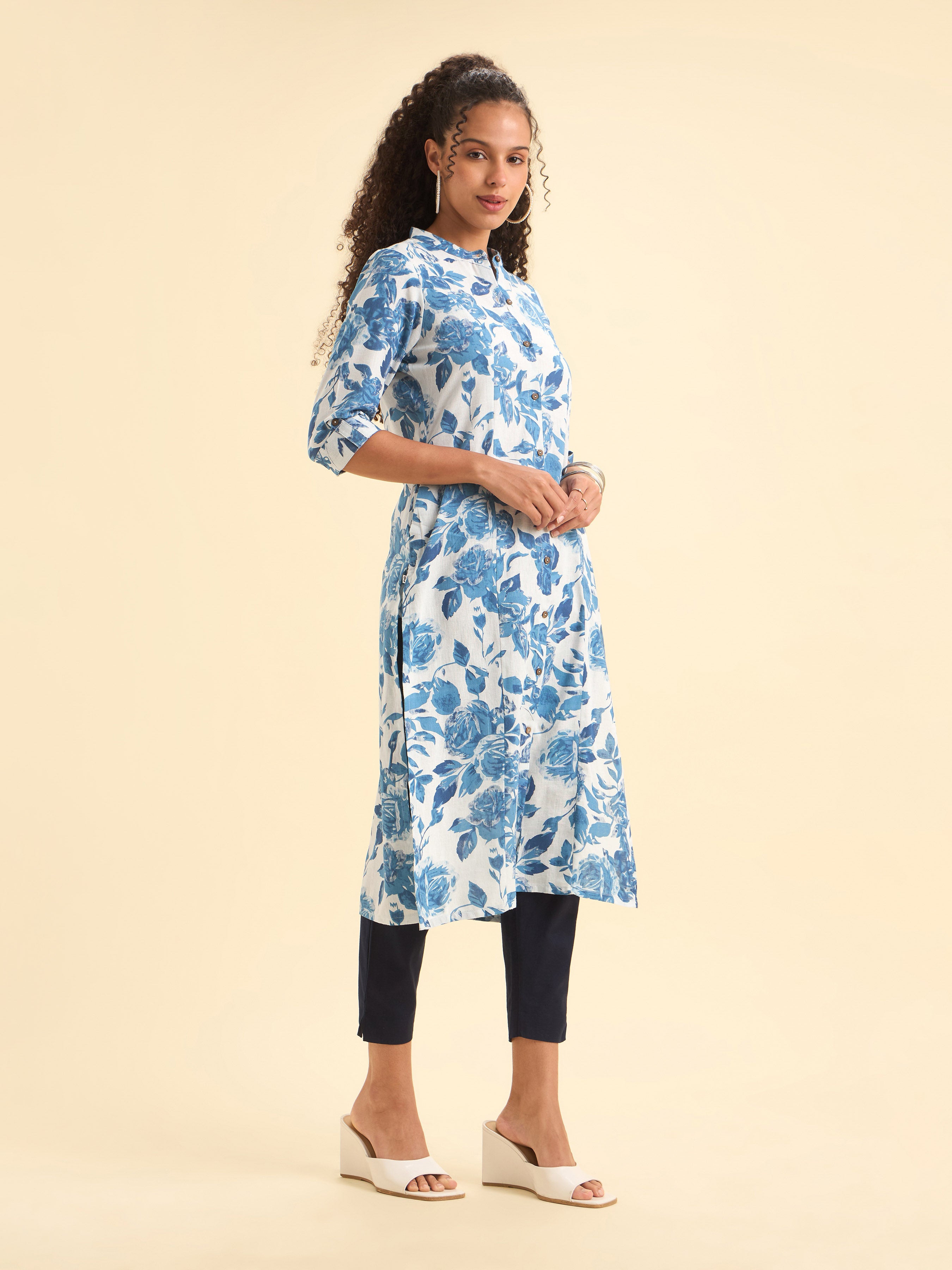 White Blue Colour Cotton Flax Printed Slit Kurti With Placket