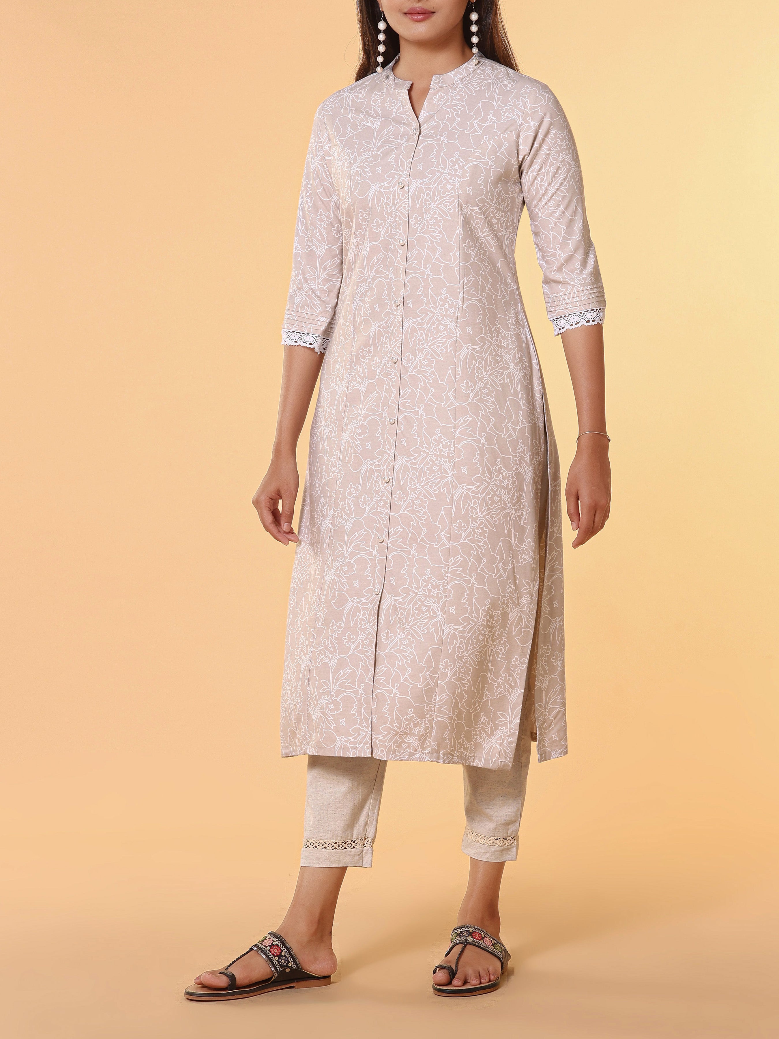 Ivory Modal Slub Printed Kurti With Button Placket