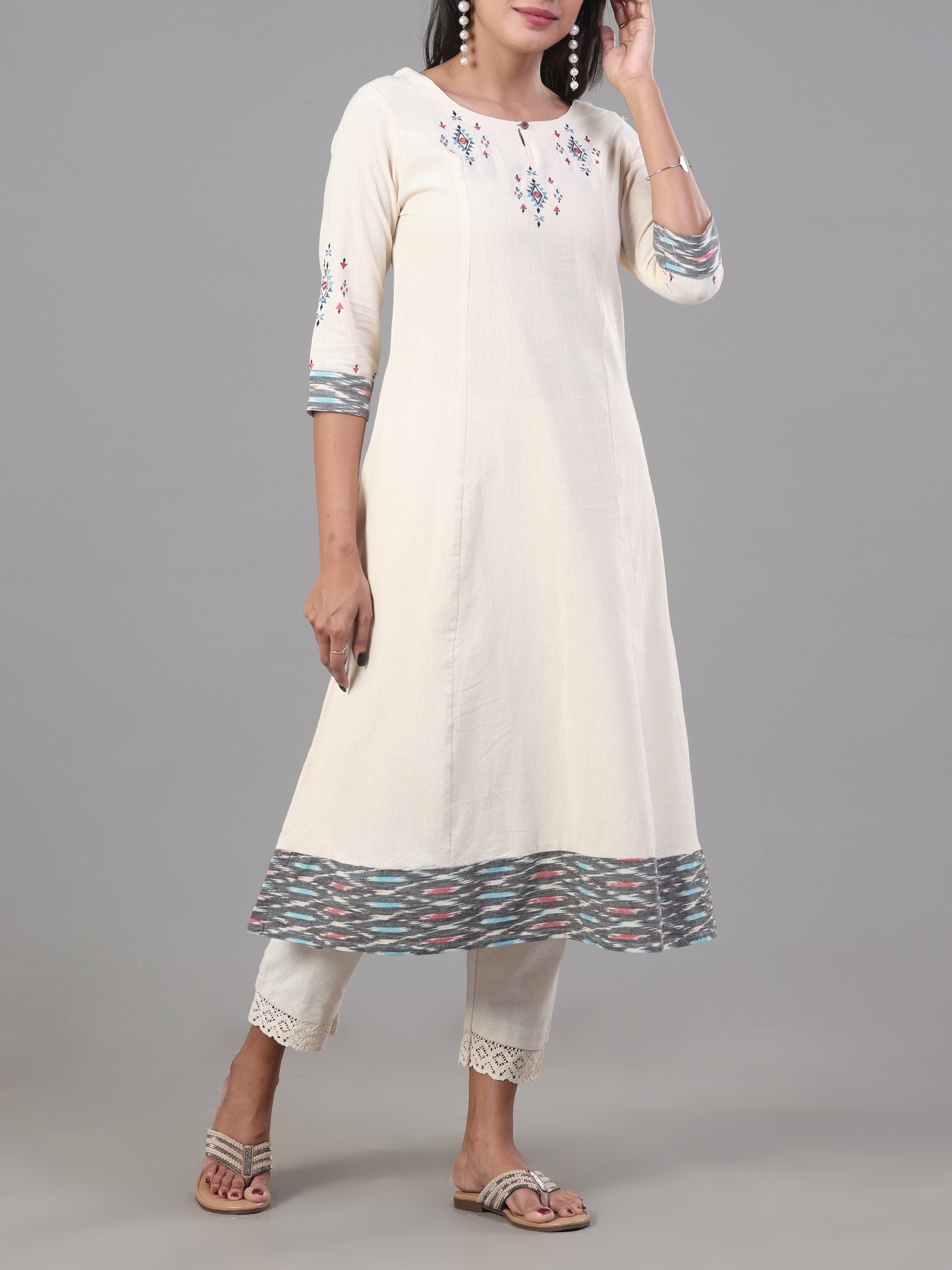 Ivory Cotton Flax Printed Kurti With Embroidery