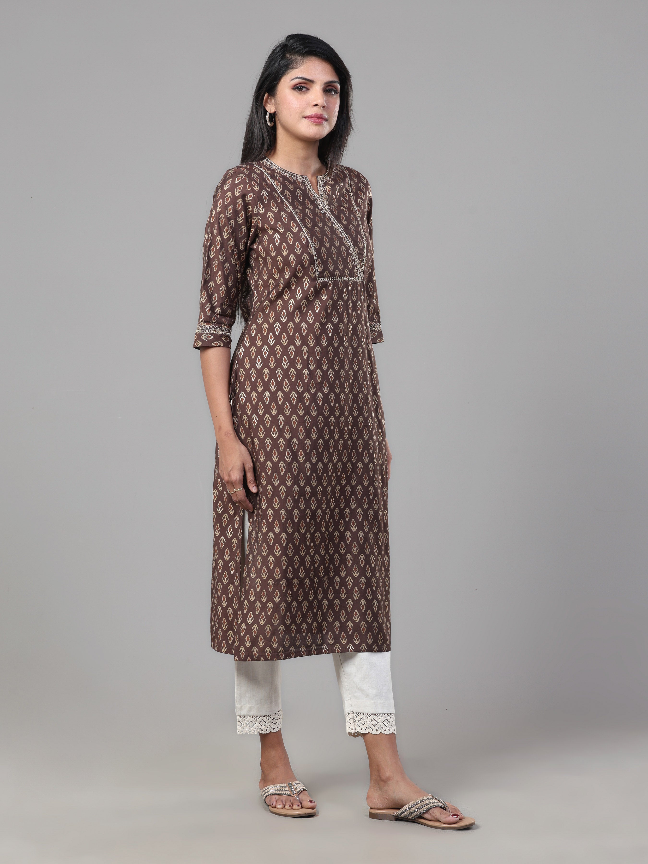 Coffee Brown Modal Chanderi Printed Kurti With Embroidery