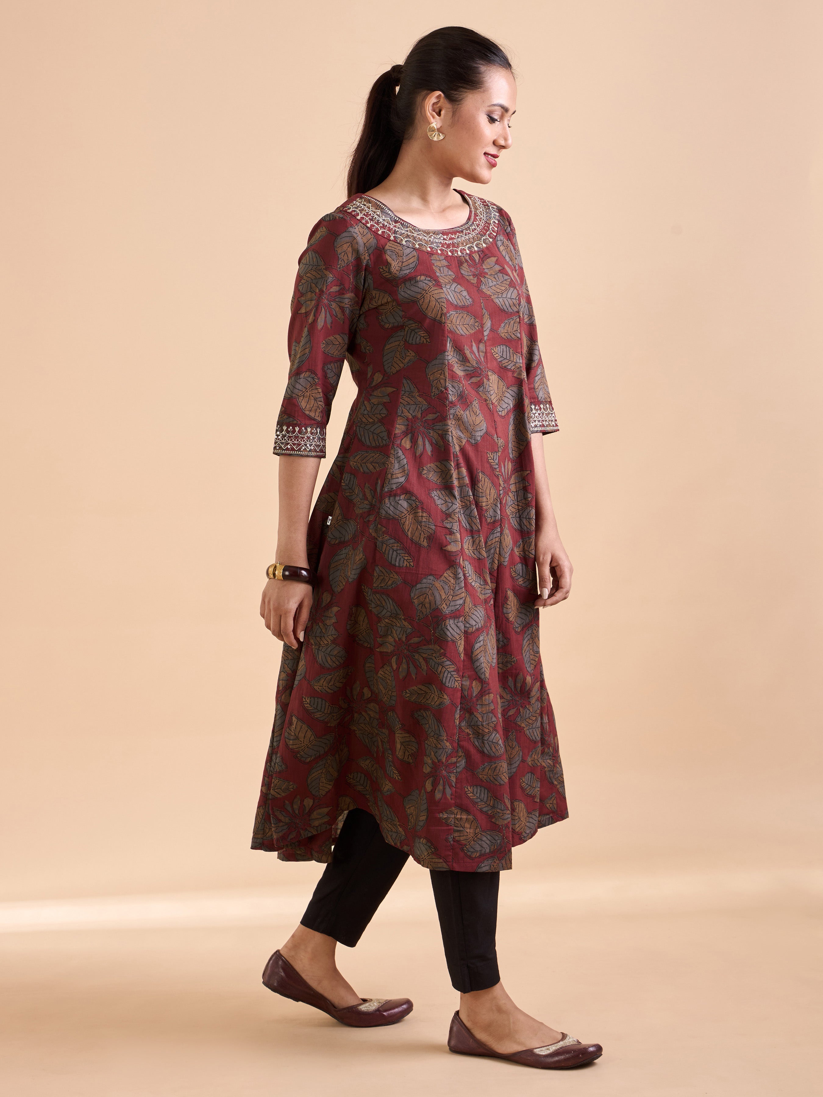 Maroon Pure Cotton Printed Kali Cut Kurti With Embroidery & Sequins Work