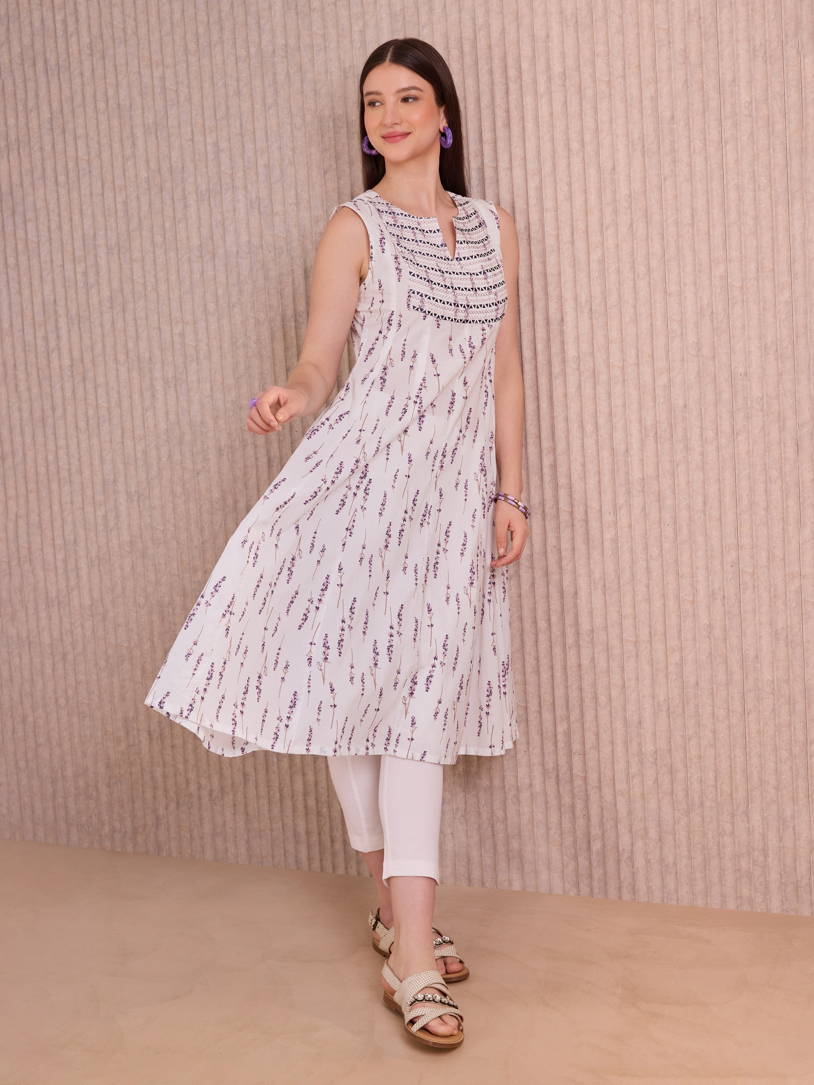 White And Purple Cotton Printed Flared Kali Cut Sleeve Less Kurti With Embroidery