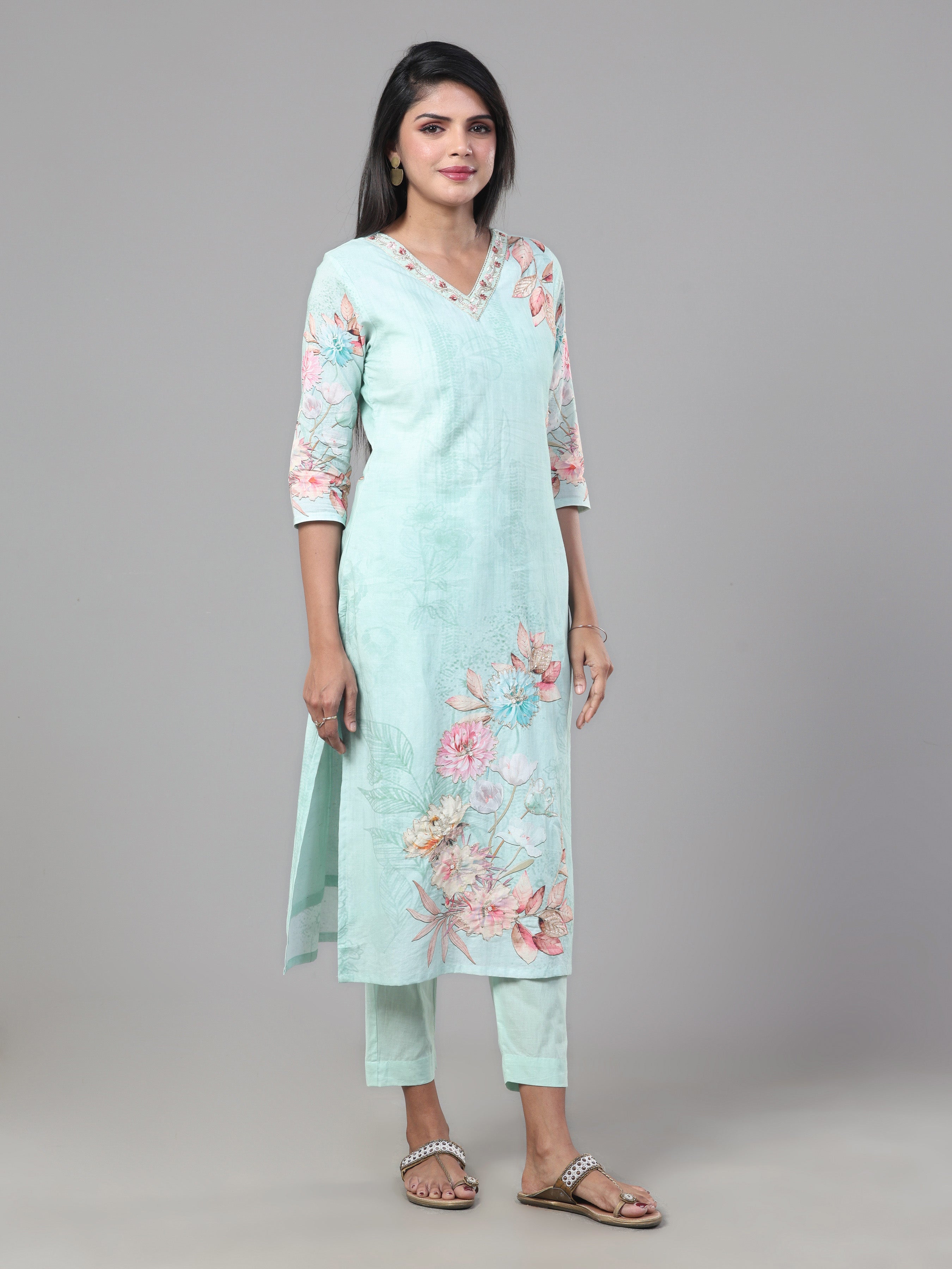 Aqua Green Pure Cotton Kurti Set & Dupatta With Hand Work