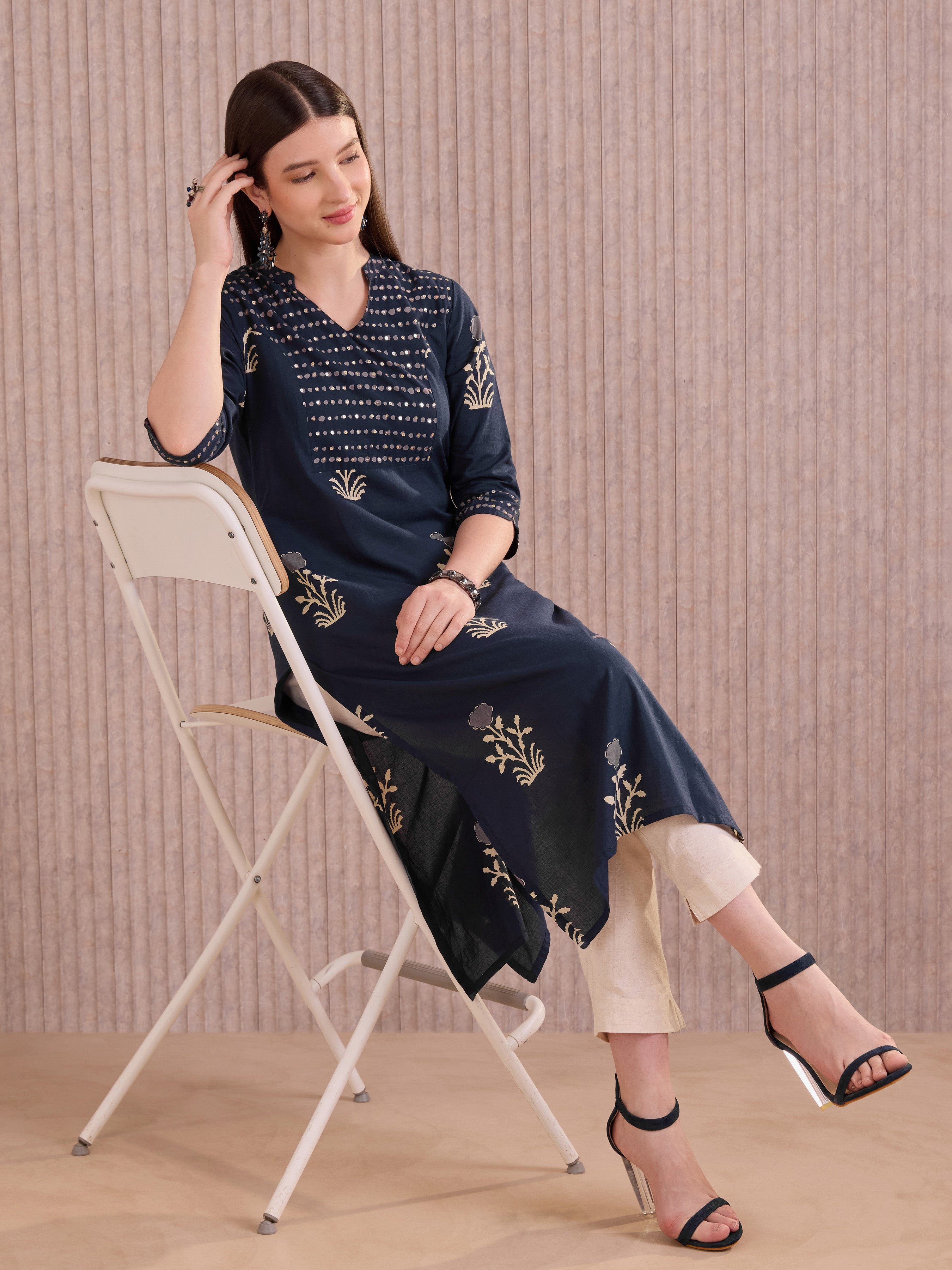 Navy Blue Pure Cotton Printed Kurti With Sequins Work