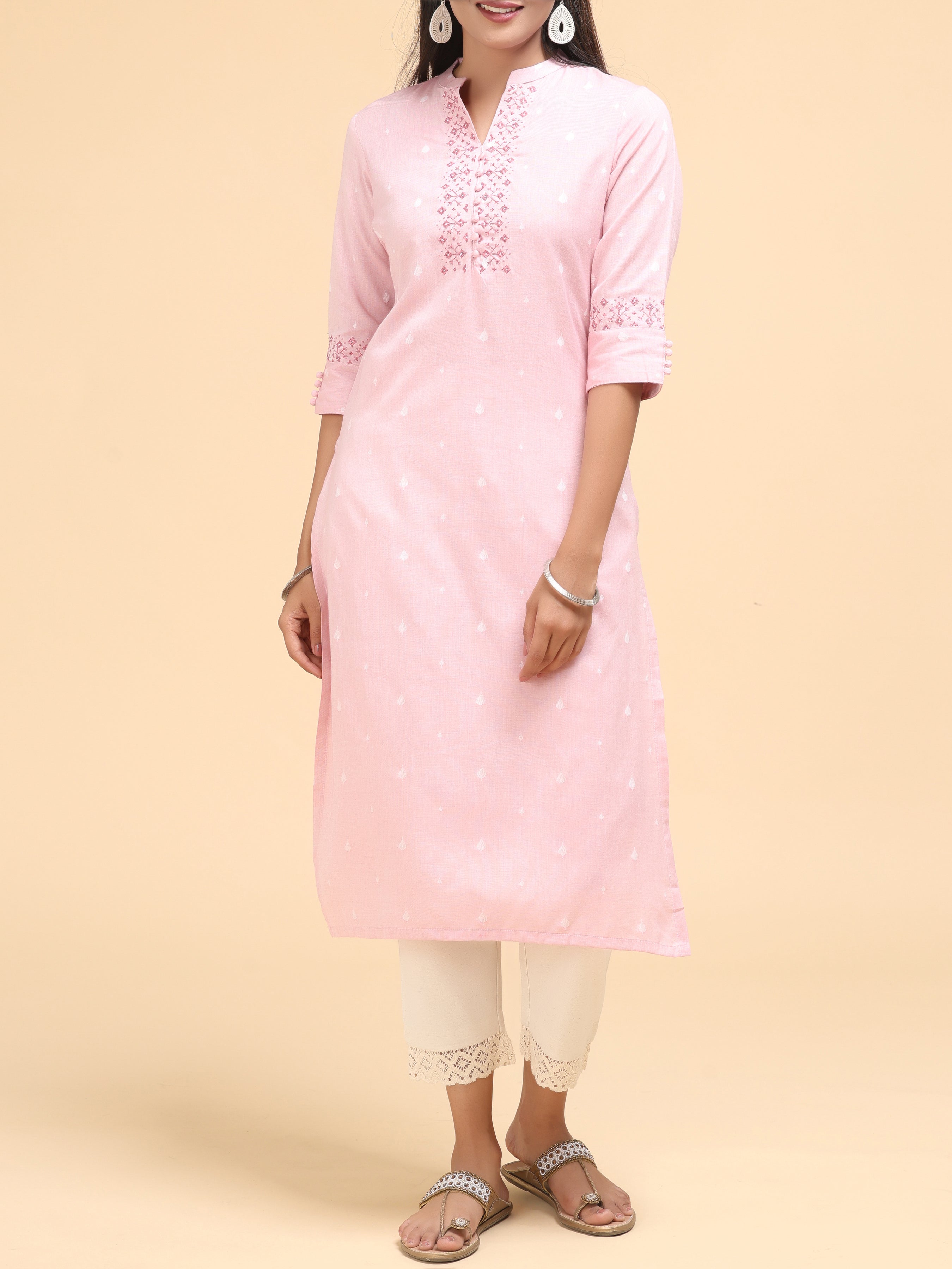 Light Pink Cotton Dobby Kurti With Embroidery