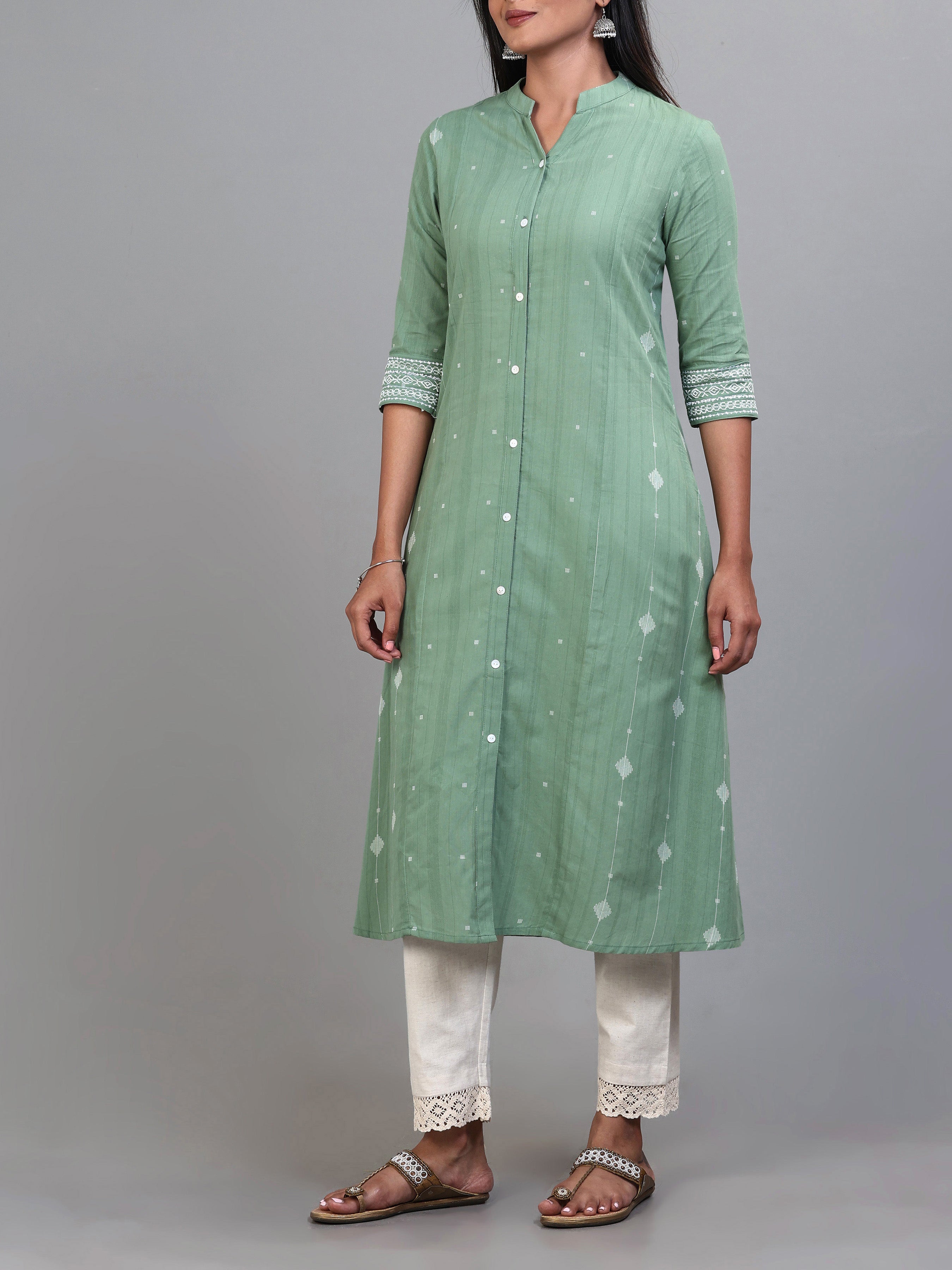 Mint Green Cotton Dobby Kurti With Embroidery
