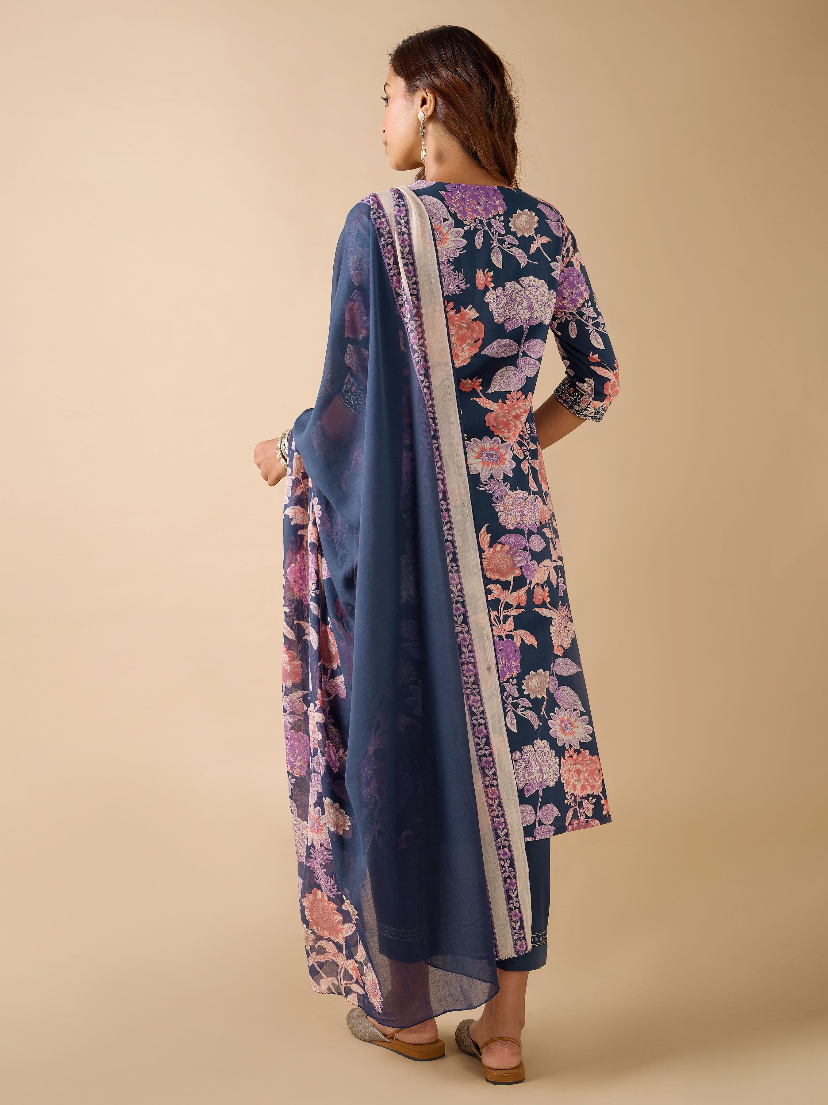 Navy Blue Pure Cotton Floral Printed Kurti Set & Dupatta With Mirror Work