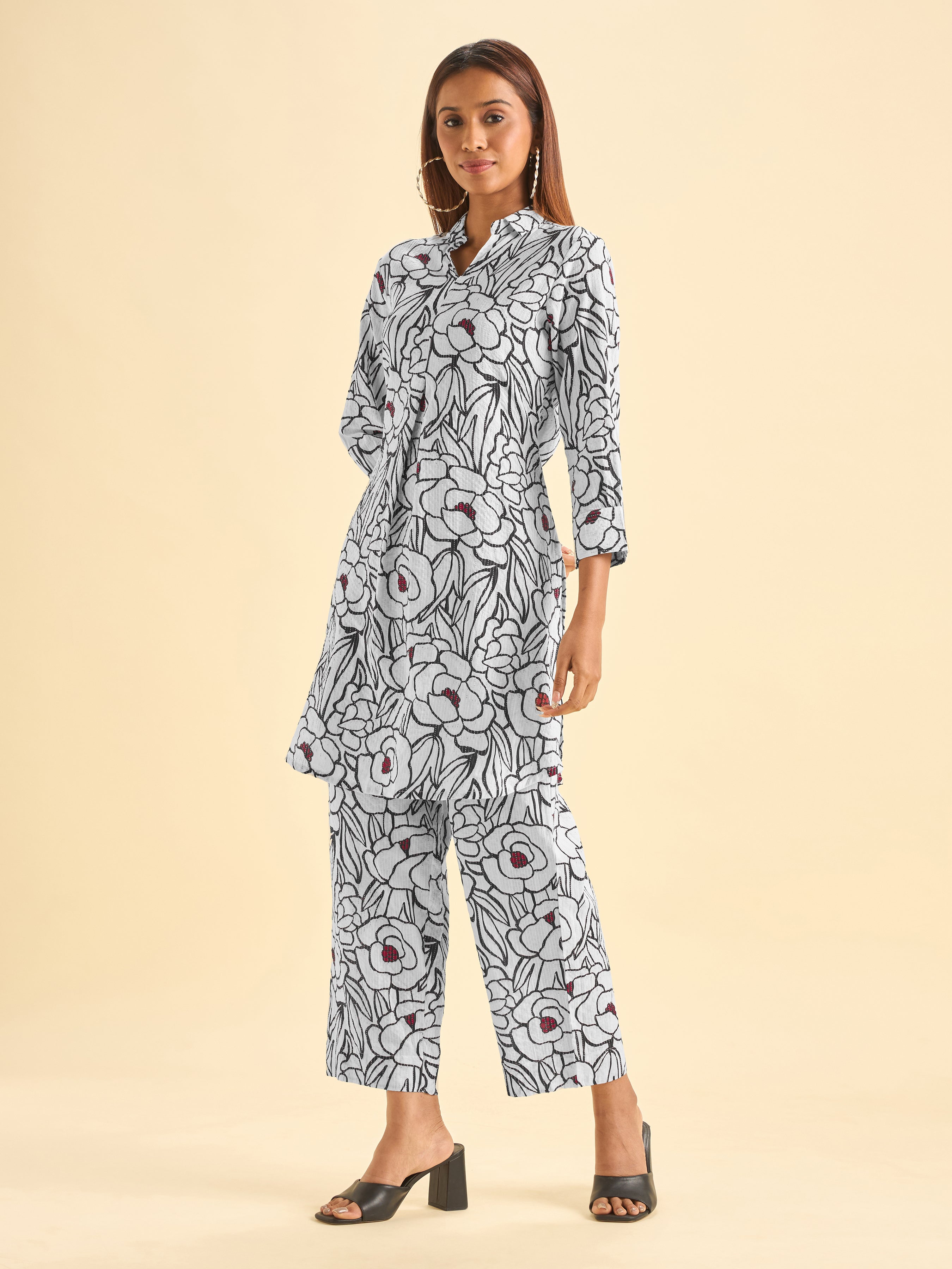 White And Black Pure Cotton Katha Printed Kurti Set With Curved Hem