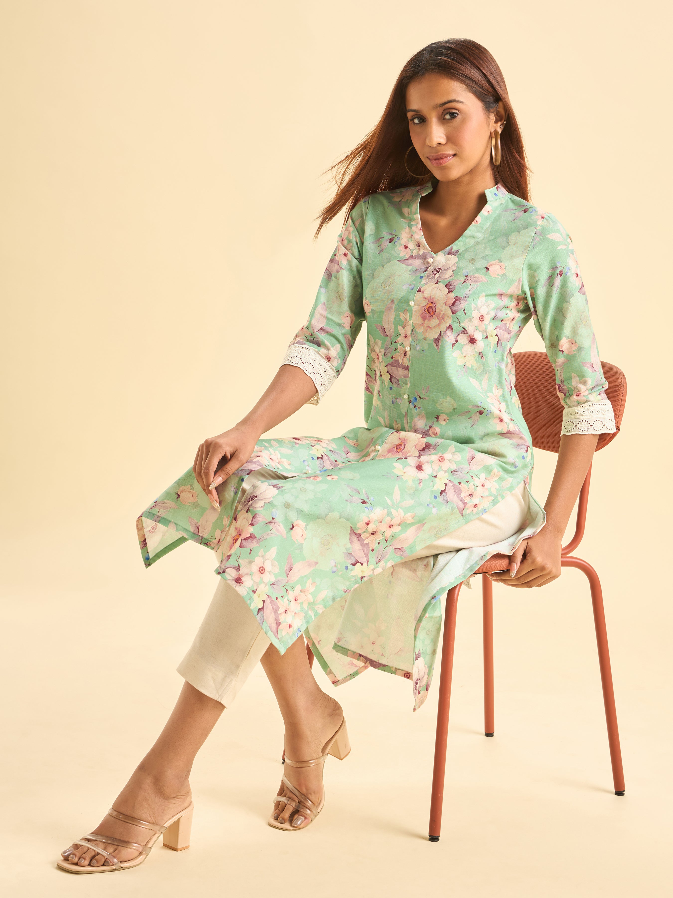 Mint Green Cotton Slub Slited Printed Kurti With Lace