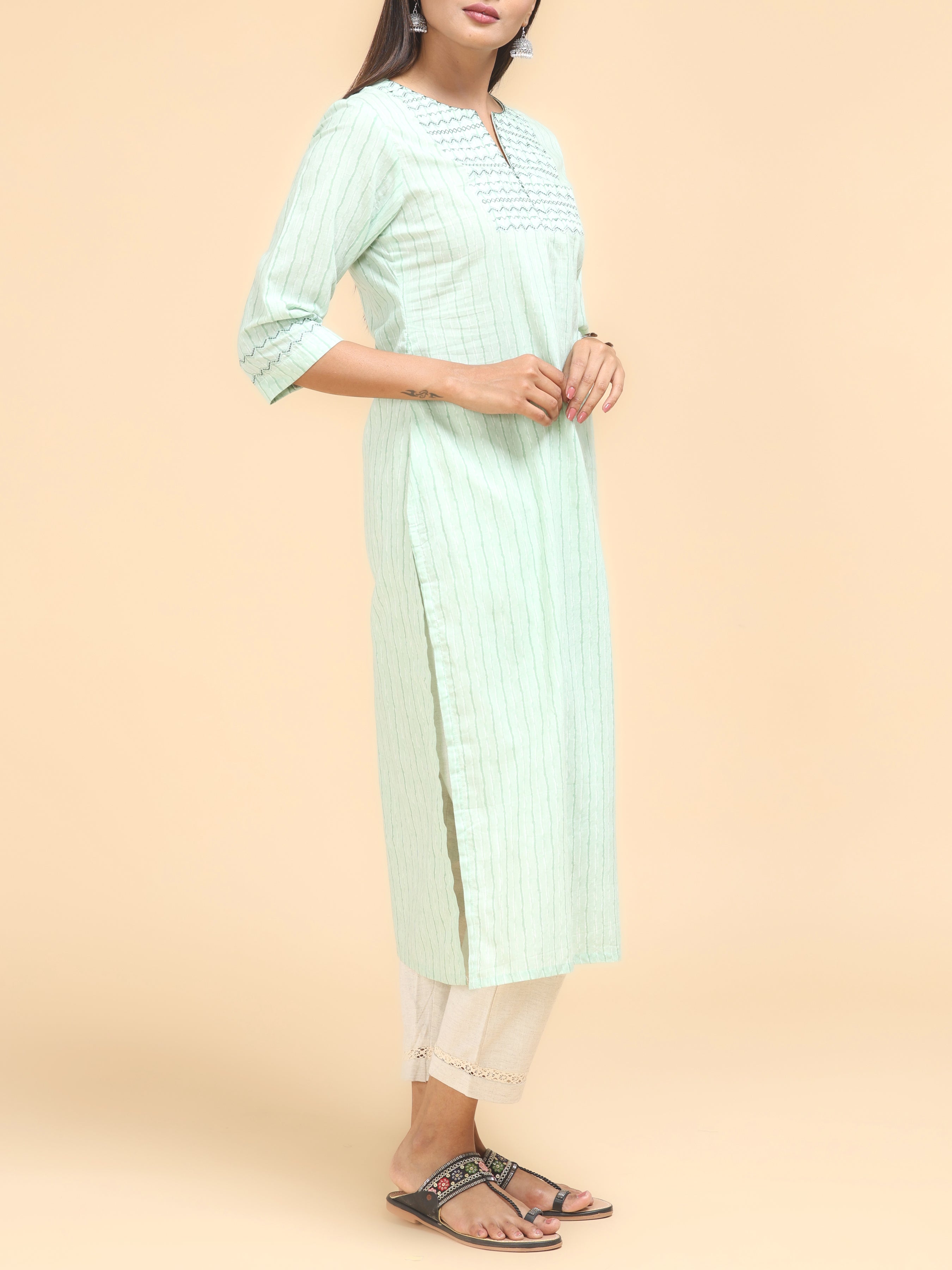Pista Green Pure Cotton Printed Kurti With Embroidery
