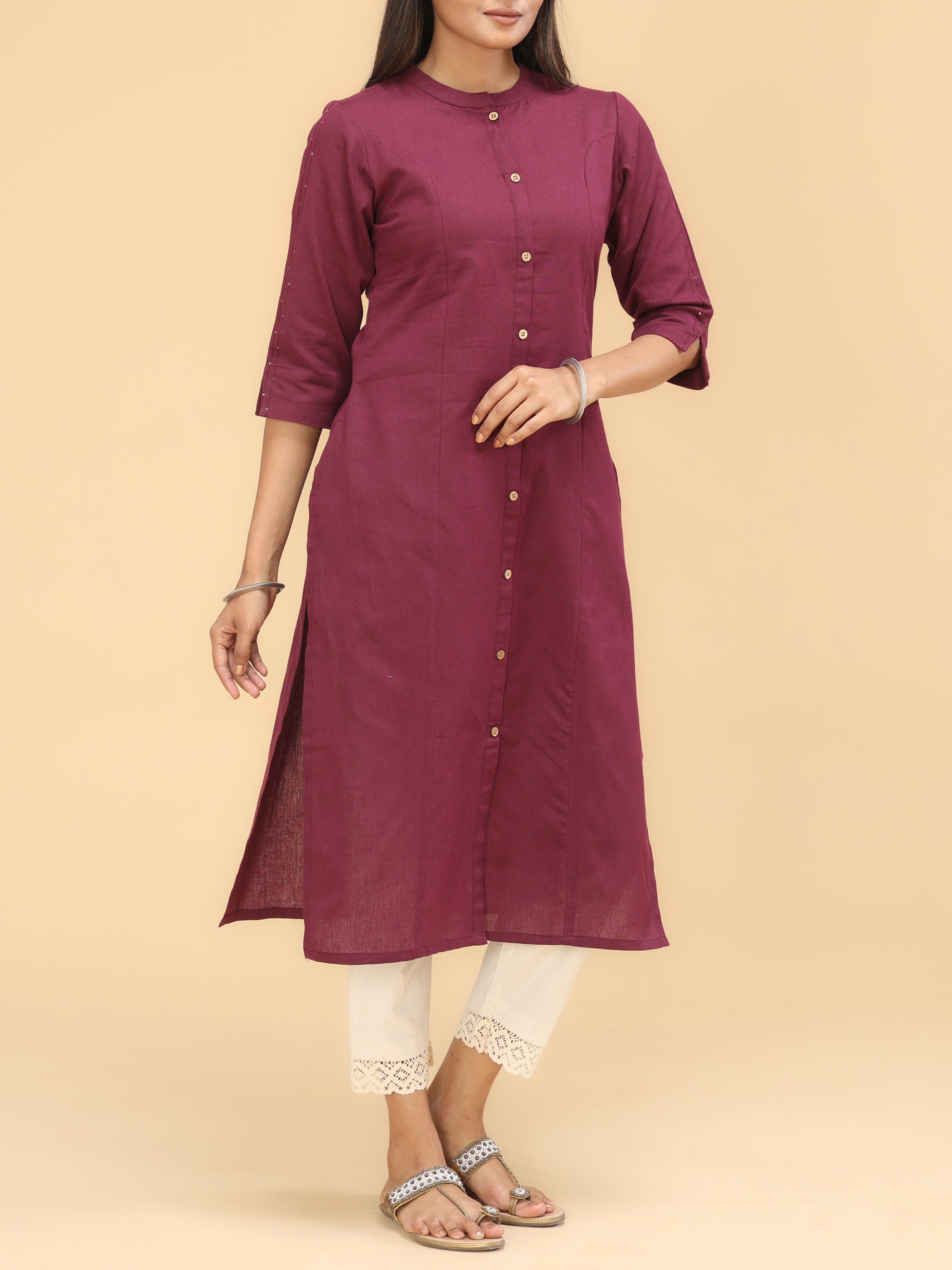 Claret Pink Cotton Kurti With Button Placket