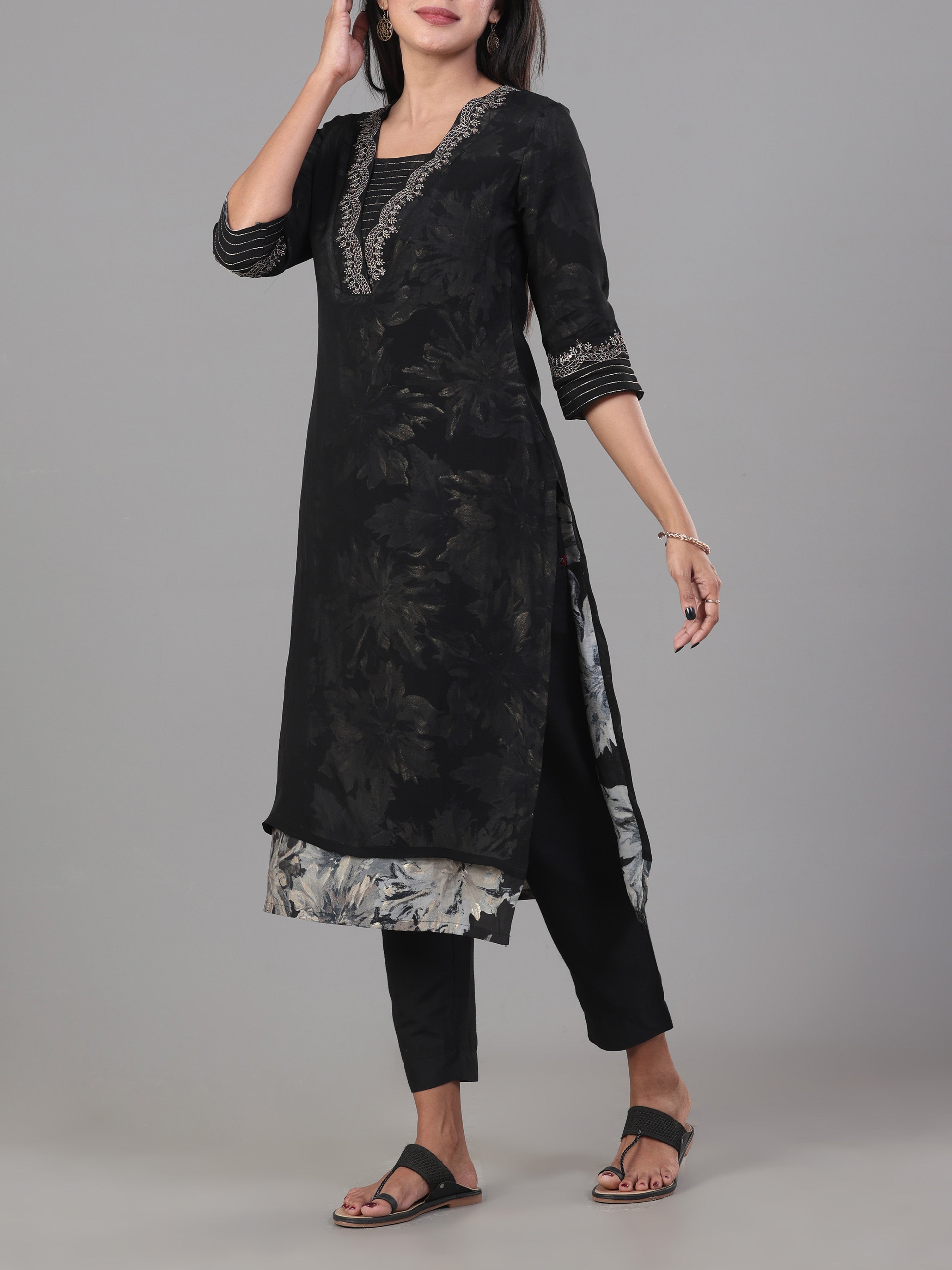 Black Modal Chanderi Printed Kurti With Embroidery
