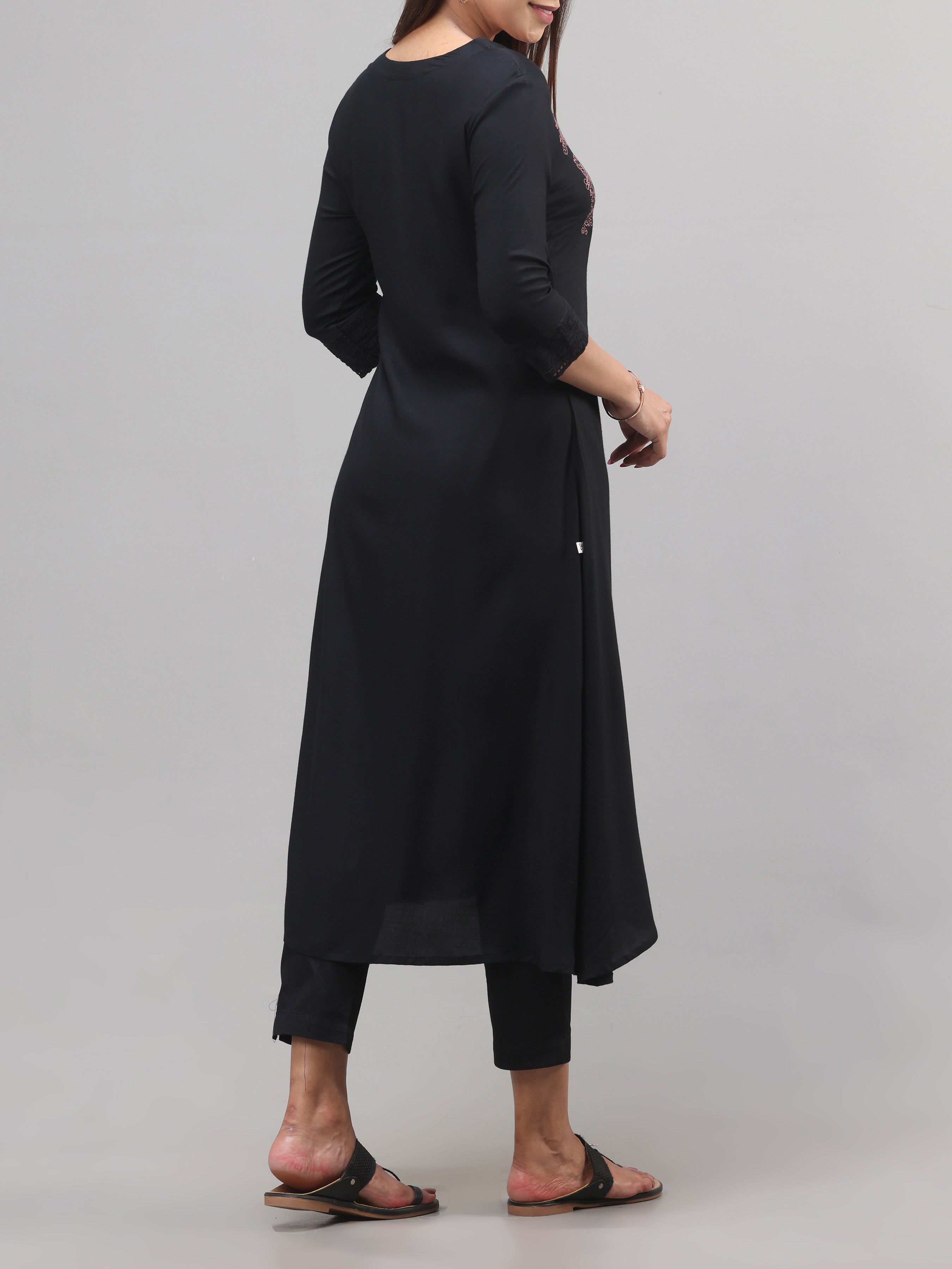 Black Viscose Plain Kurti With Embroidery
