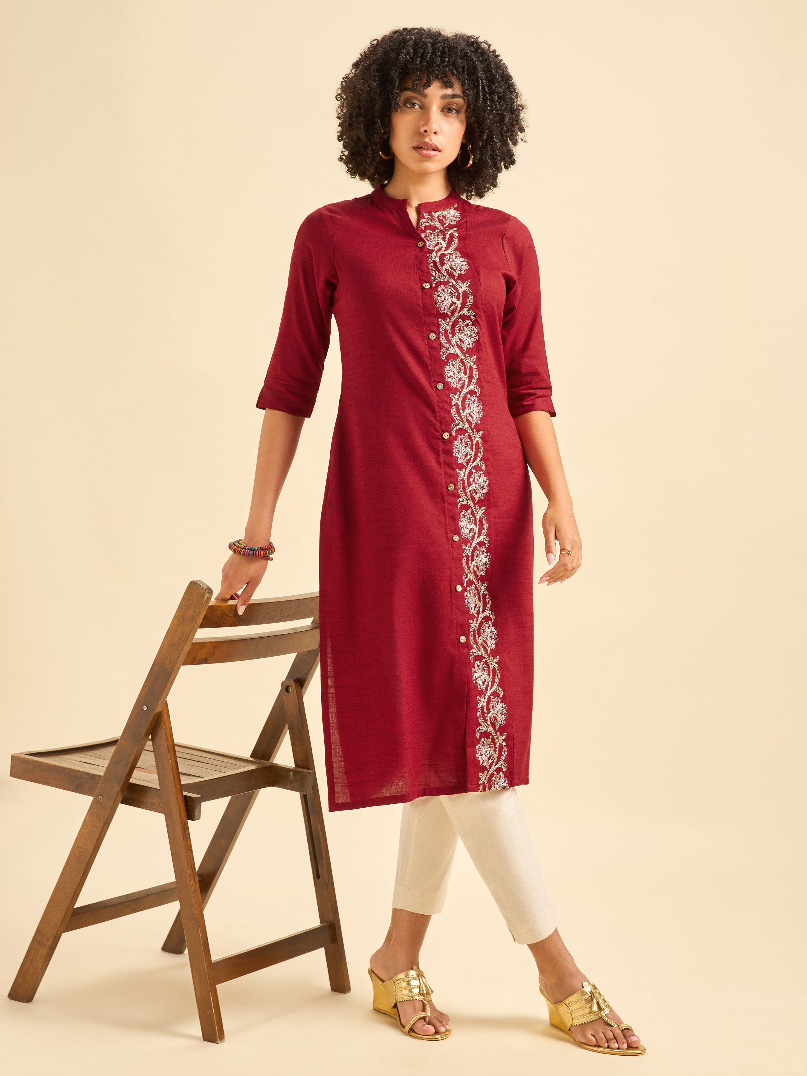 Red Cotton Viscose Kurti With Embroidery