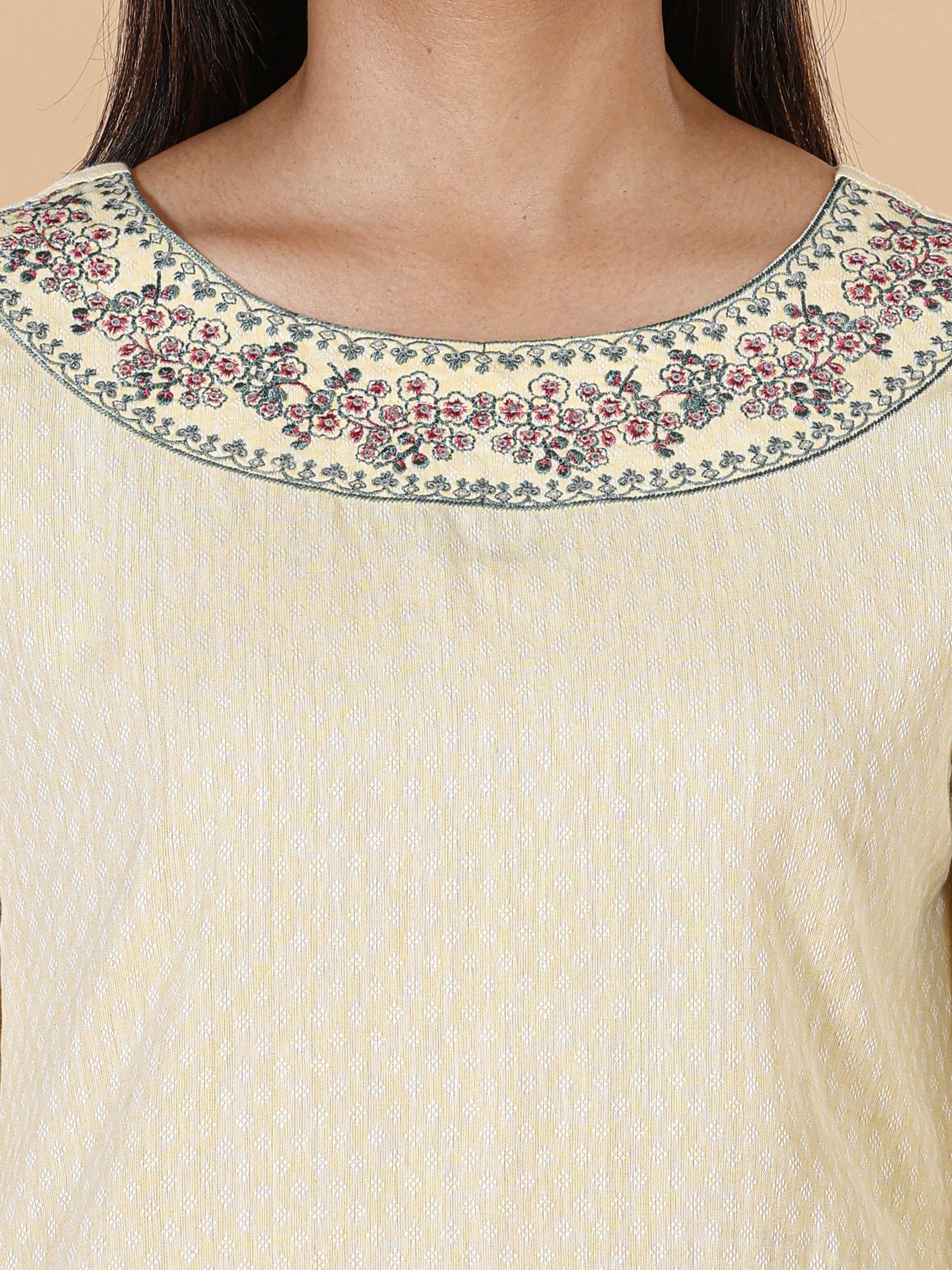 Pale Yellow Cotton Dobby Plain Kurti With Cording Embroidery