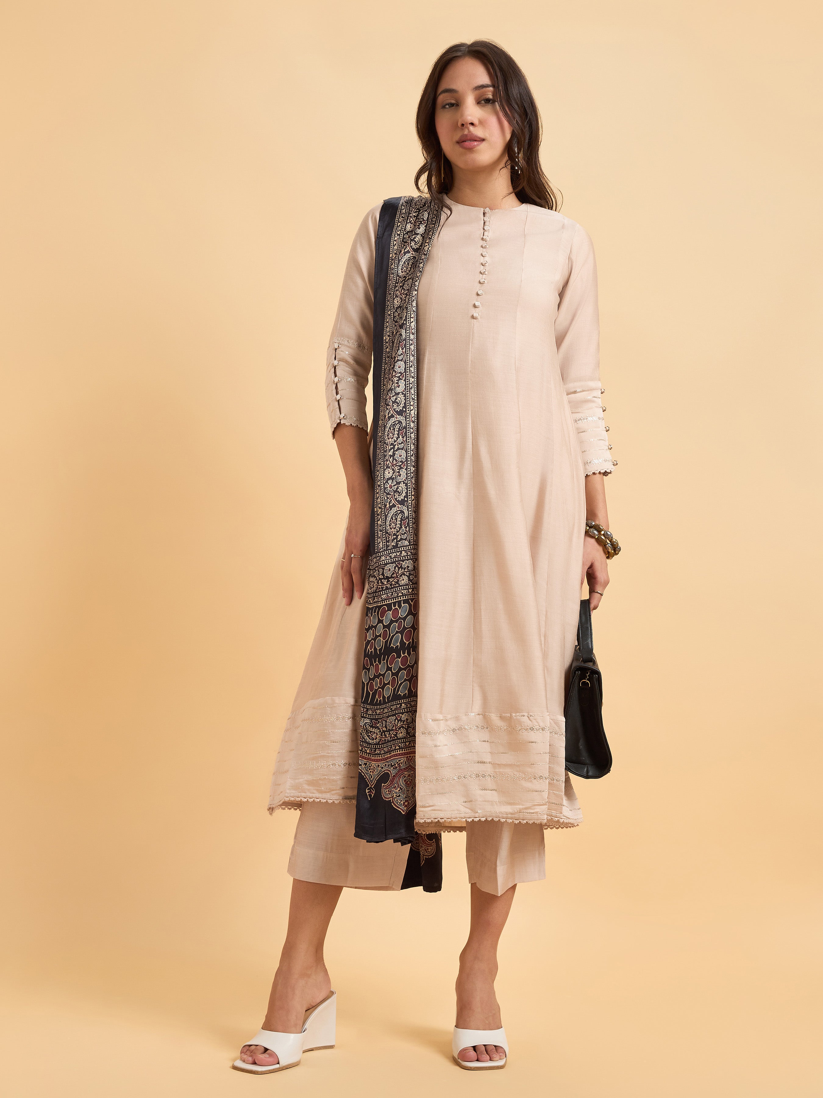 Beige Viscose Blend Kurti Set With Dupatta And Embroidery