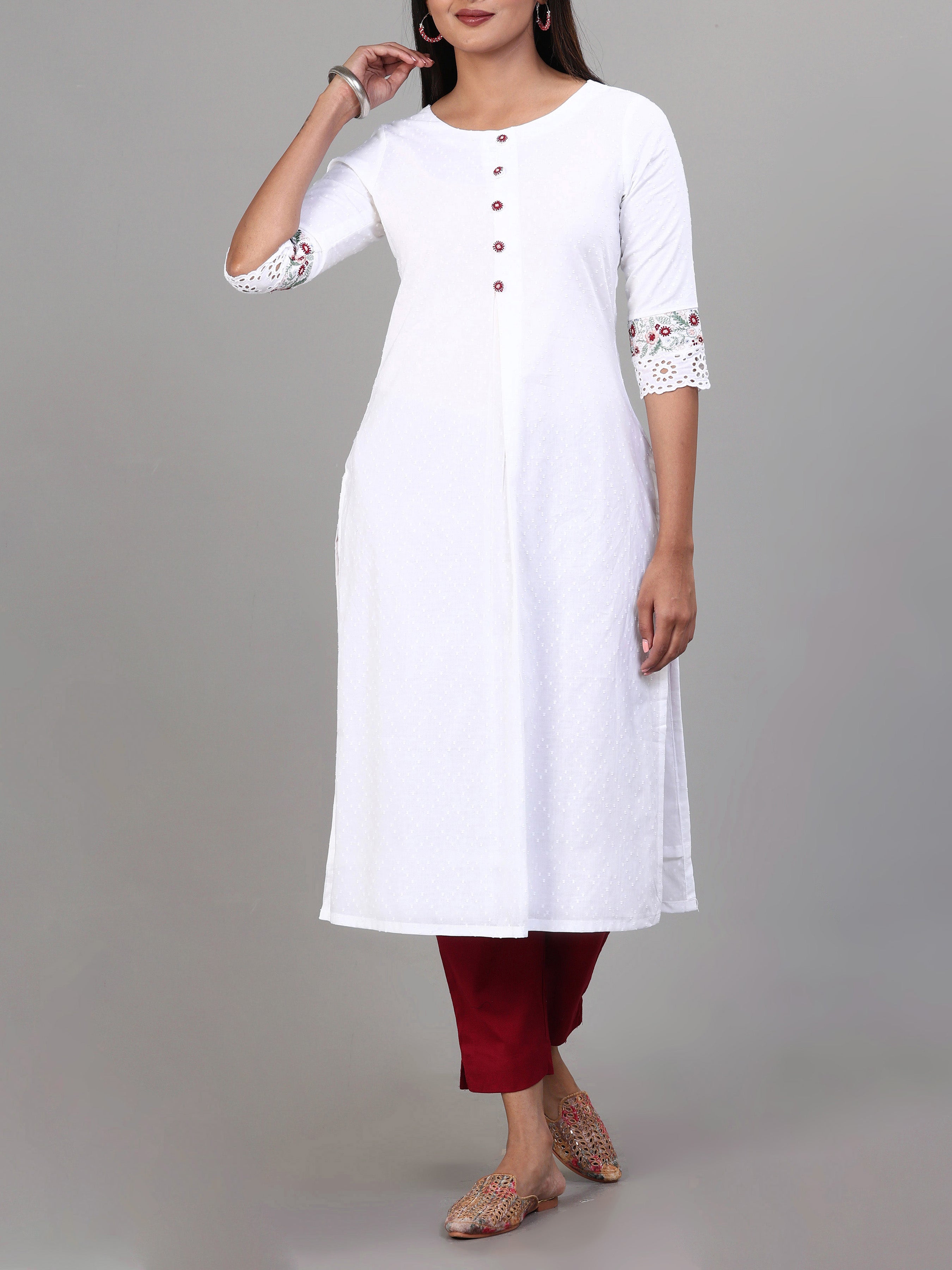 White Cotton Embroidery Kurti With Lace Detailing