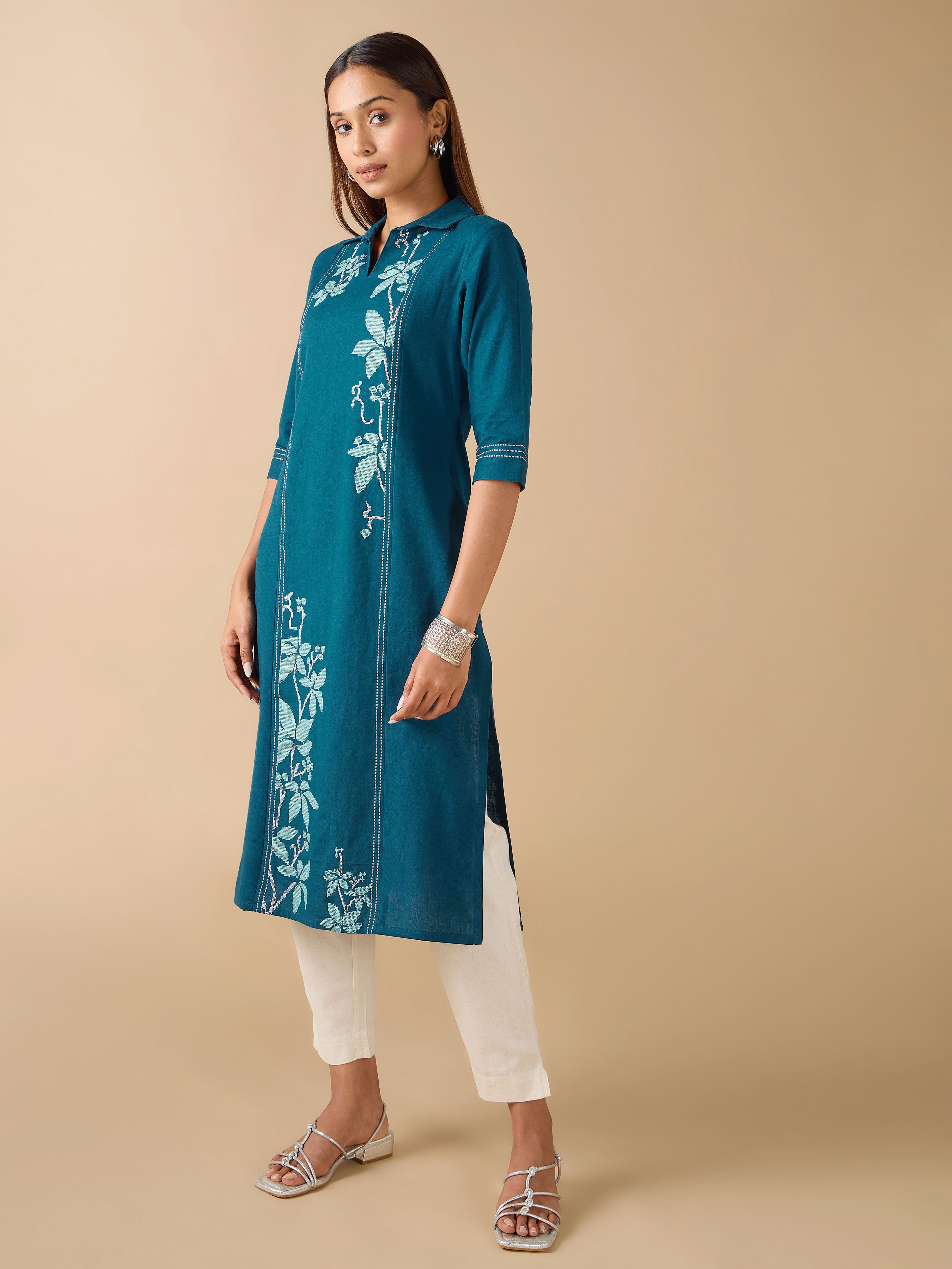 Denim Blue Cotton Flax Kurti With Cross Stitch Embroidery