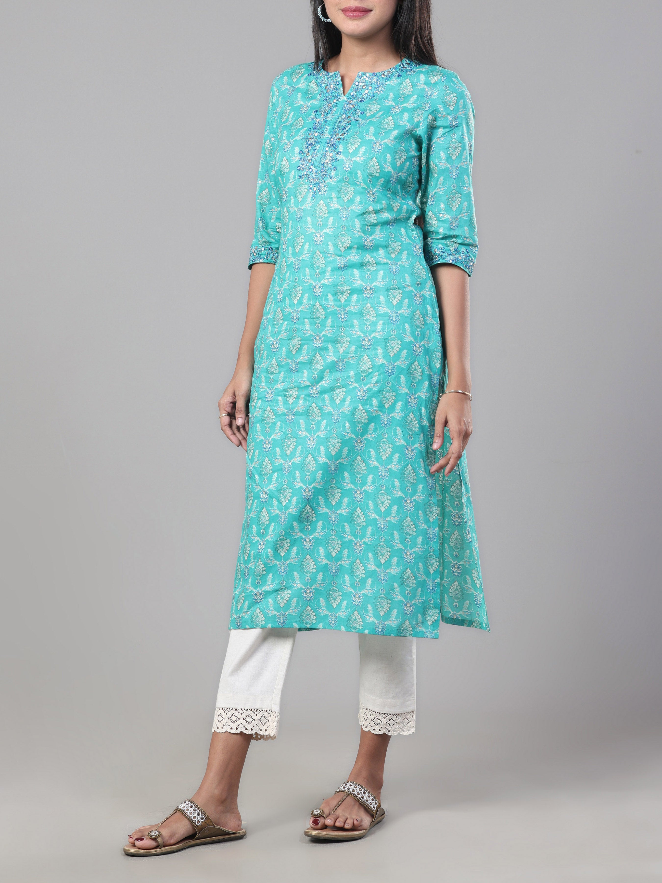 Aqua Blue Pure Cotton Printed Kurti With Embroidery