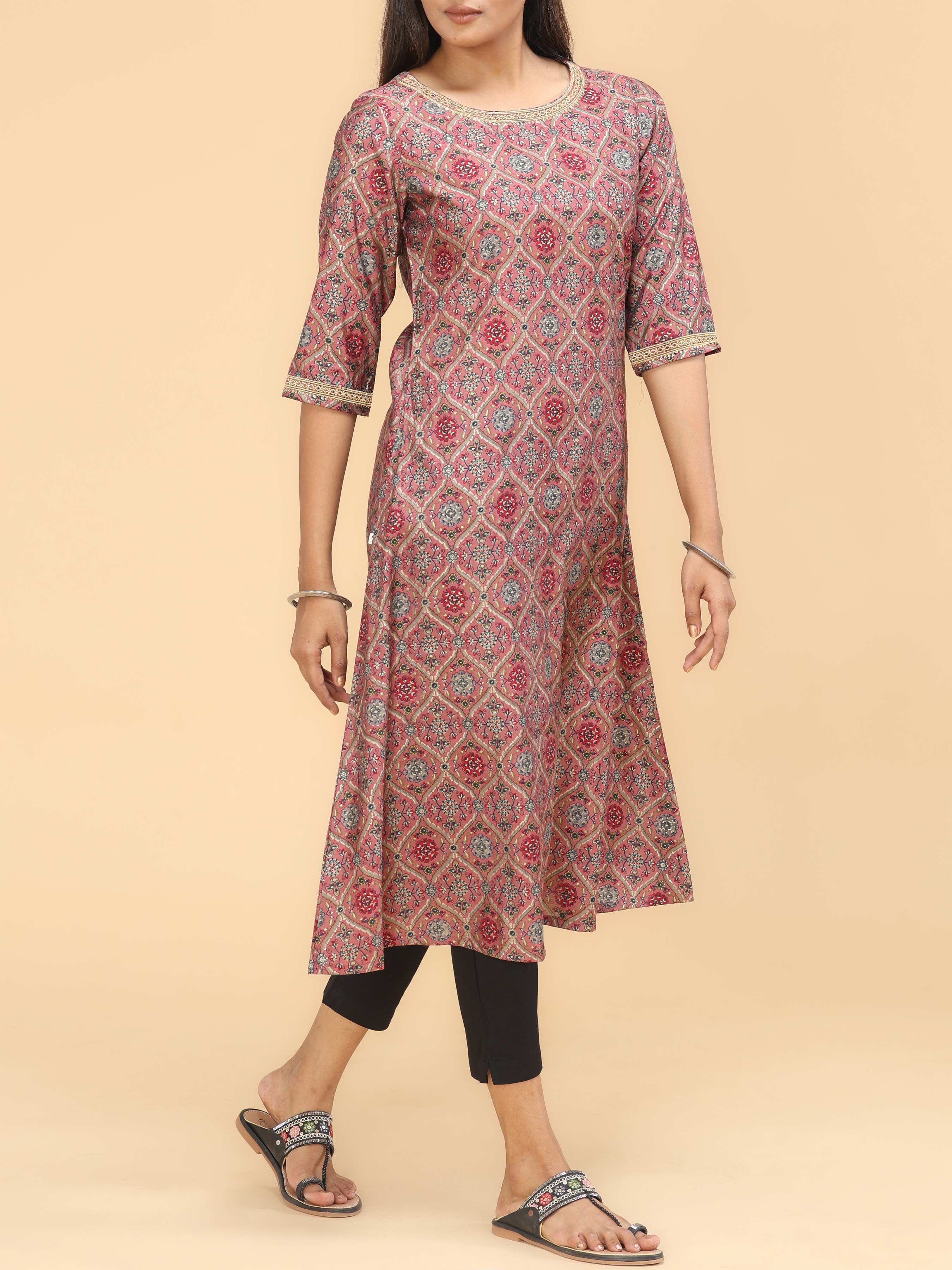 Copper Brown Modal Chanderi Printed Kurti With Hand Work
