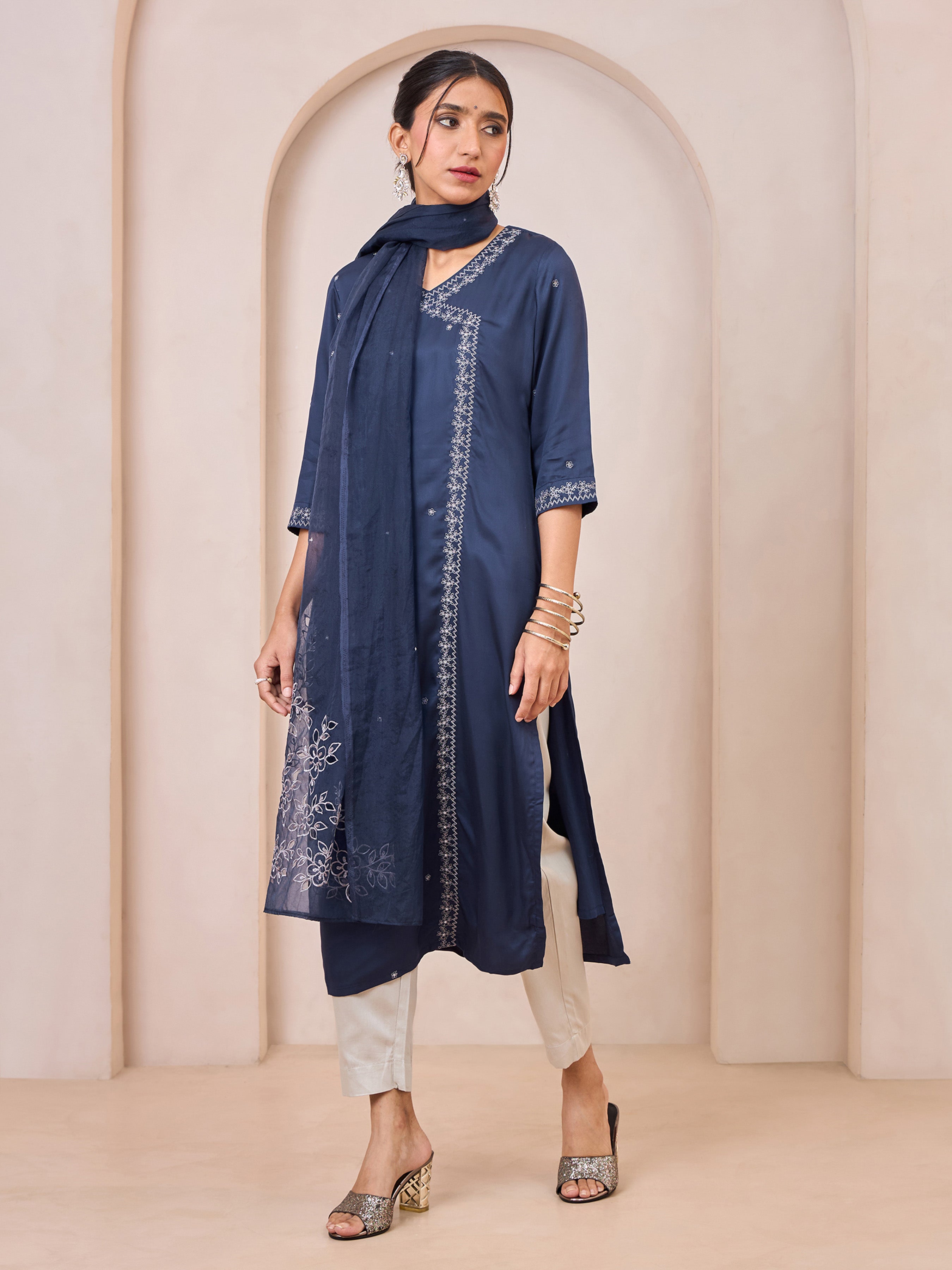 Navy Blue Viscose Plain Kurti Set & Dupatta With Hand Work Embroidery