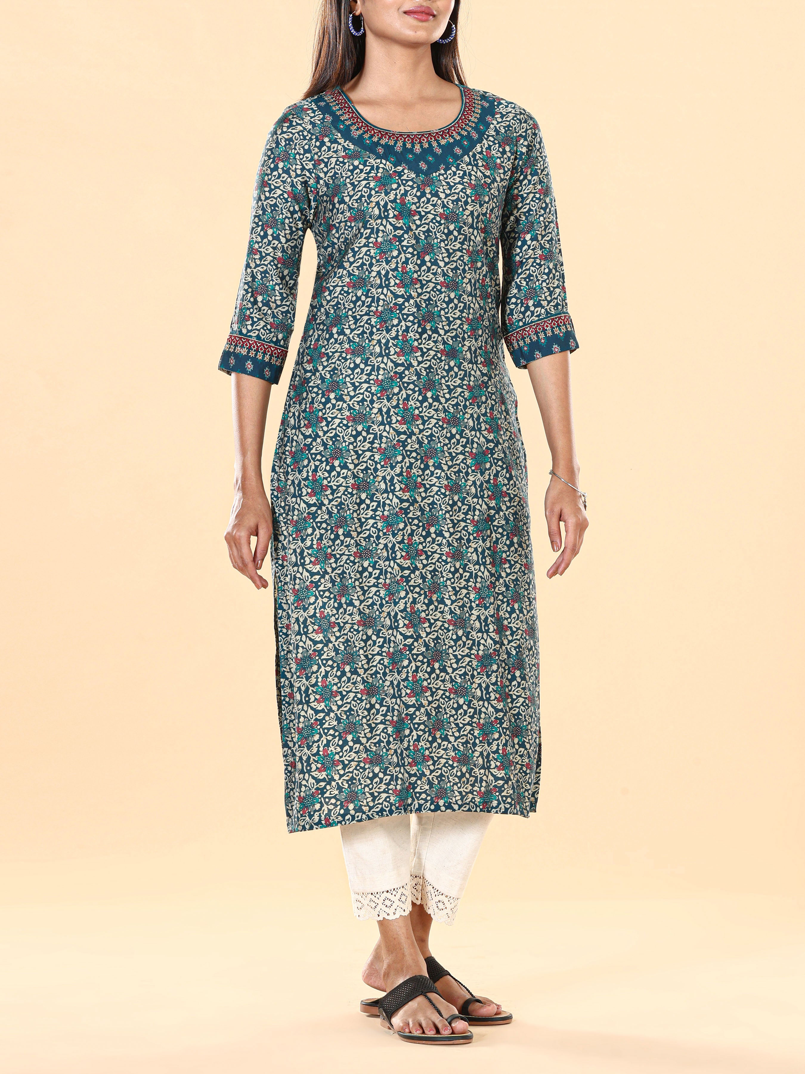 Teal Blue Modal Chanderi Printed Kurti With Embroidery
