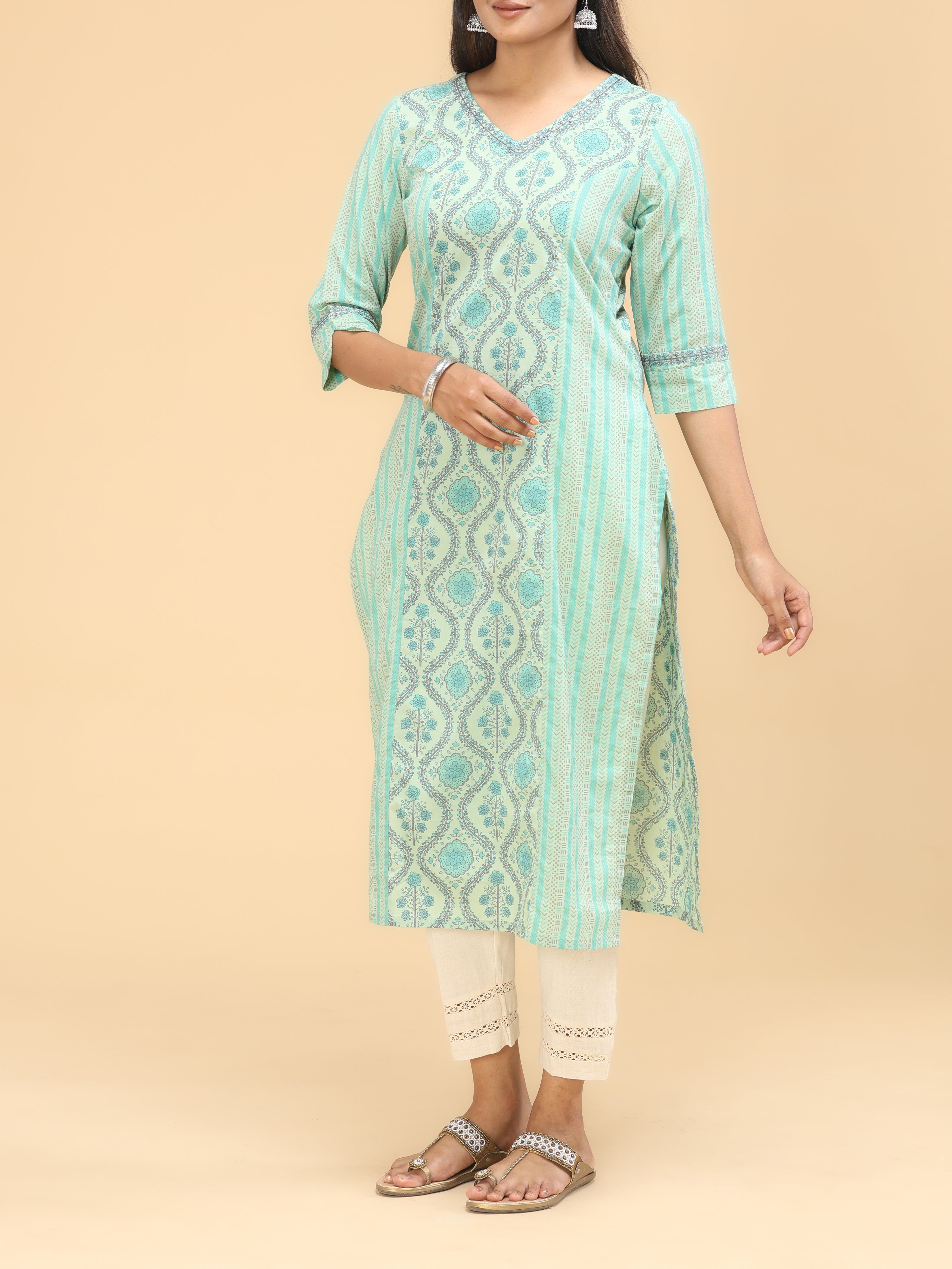 Green Pure Cotton Kurti With Print