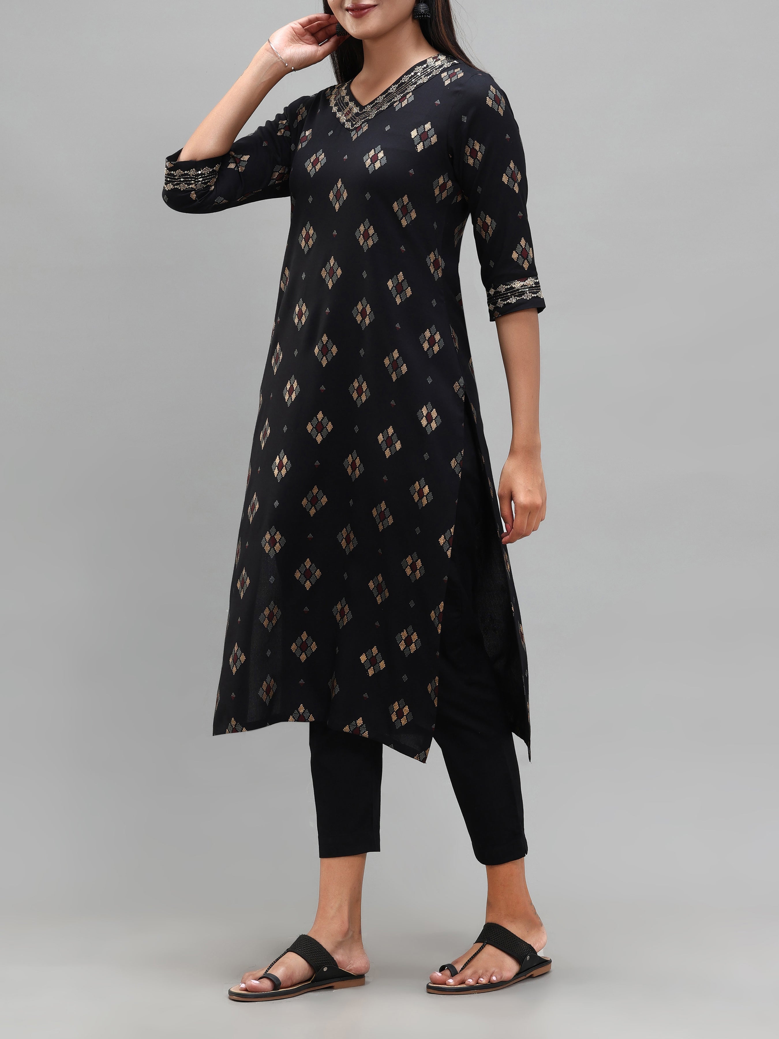 Black Viscose Kurti With Embroidery And Sequins Work