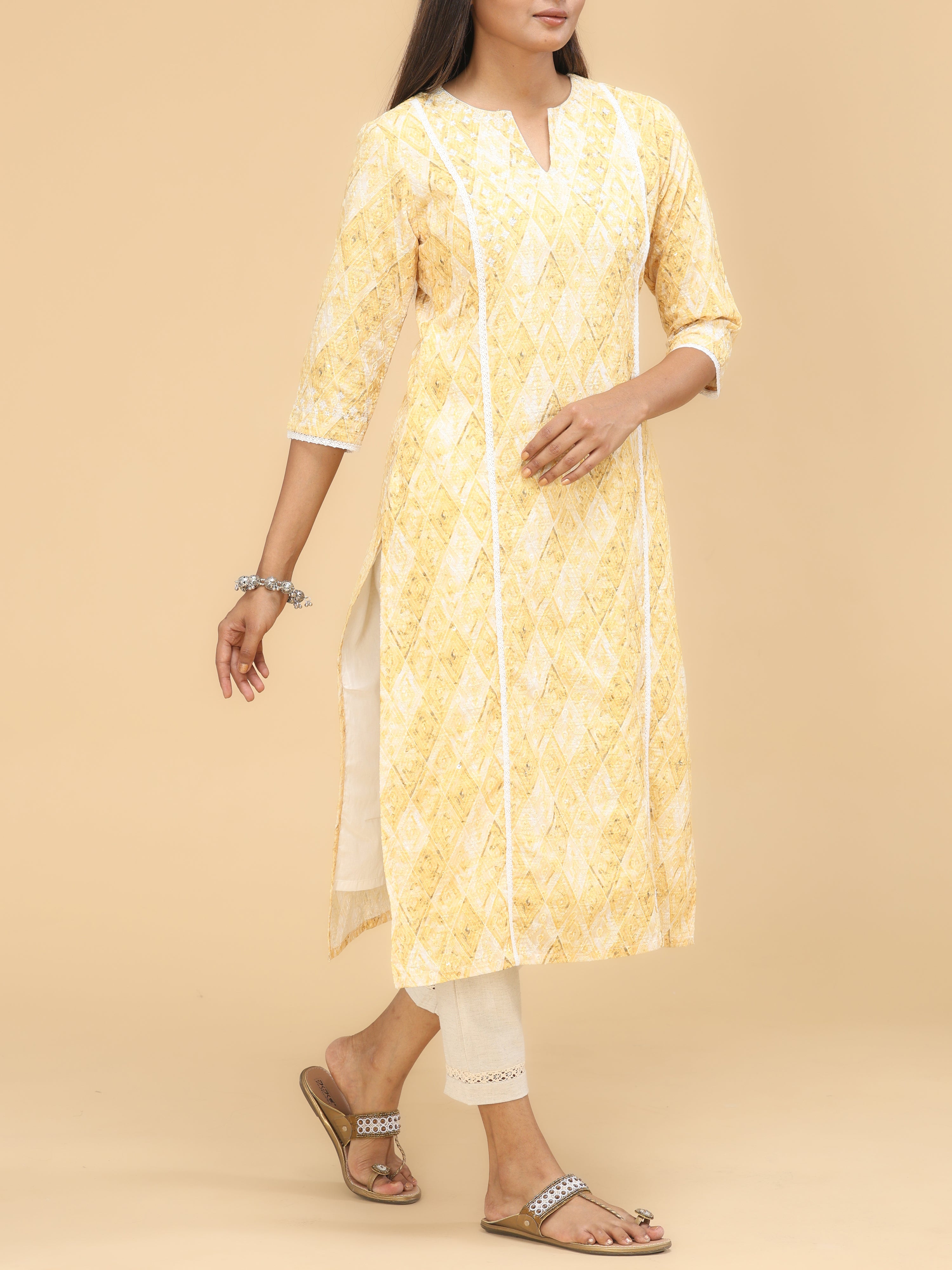 Yellow Viscose Schifili Printed Kurti With Embroidery