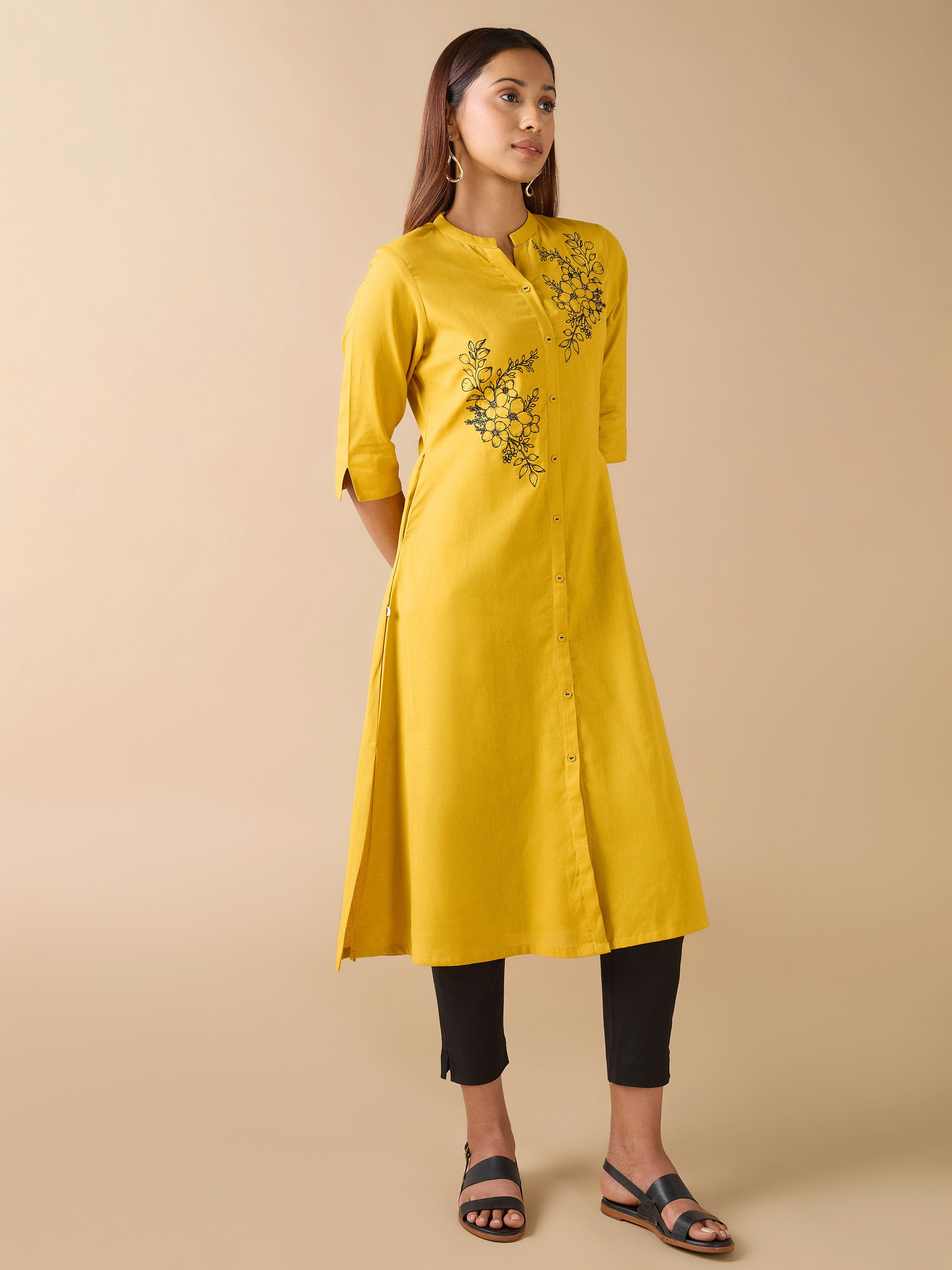 Mustard Yellow Cotton Flax Kurti With Embroidery