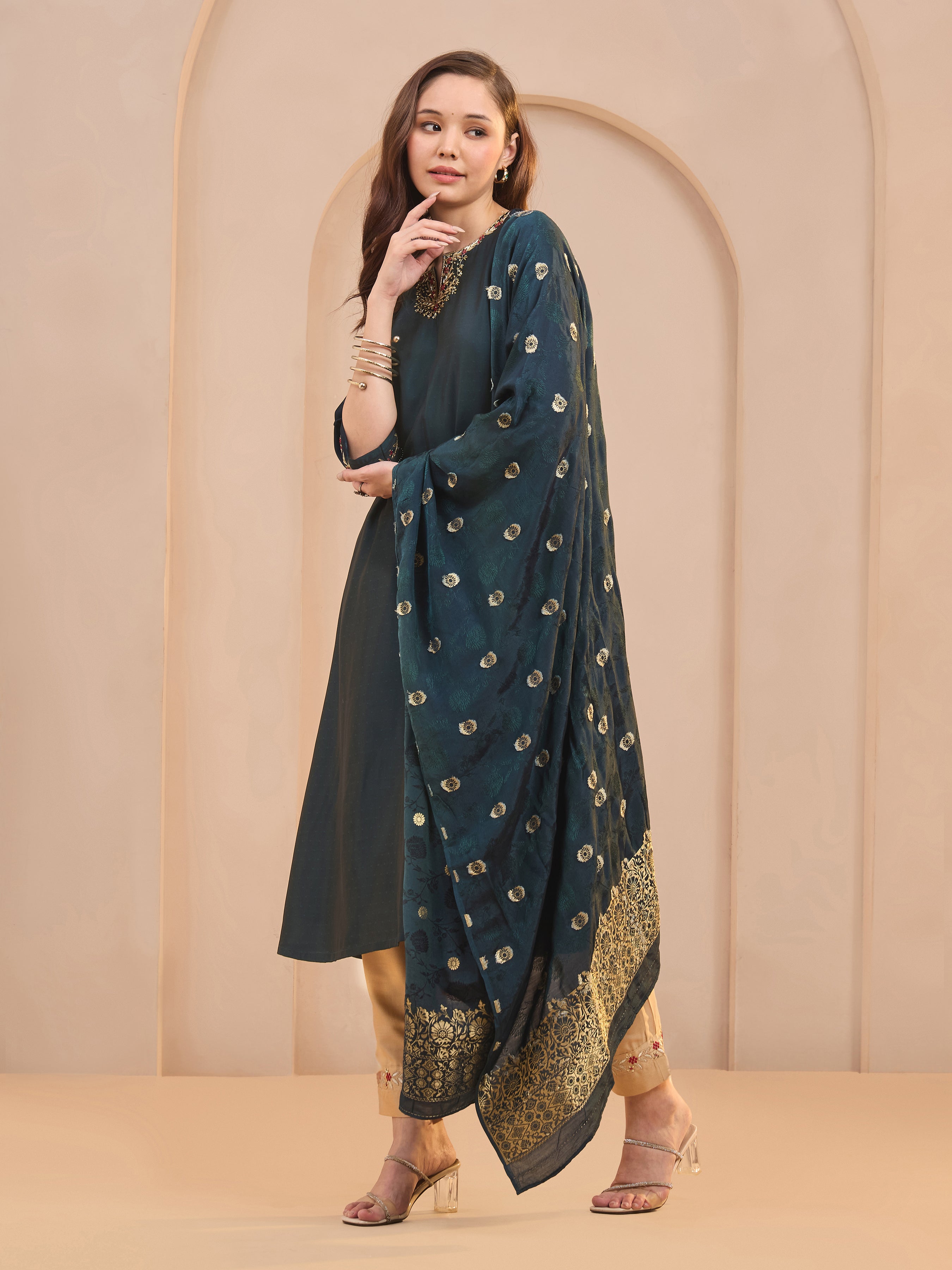 Navy Blue Viscose Blend Kurti Set & Dupatta With Hand Work