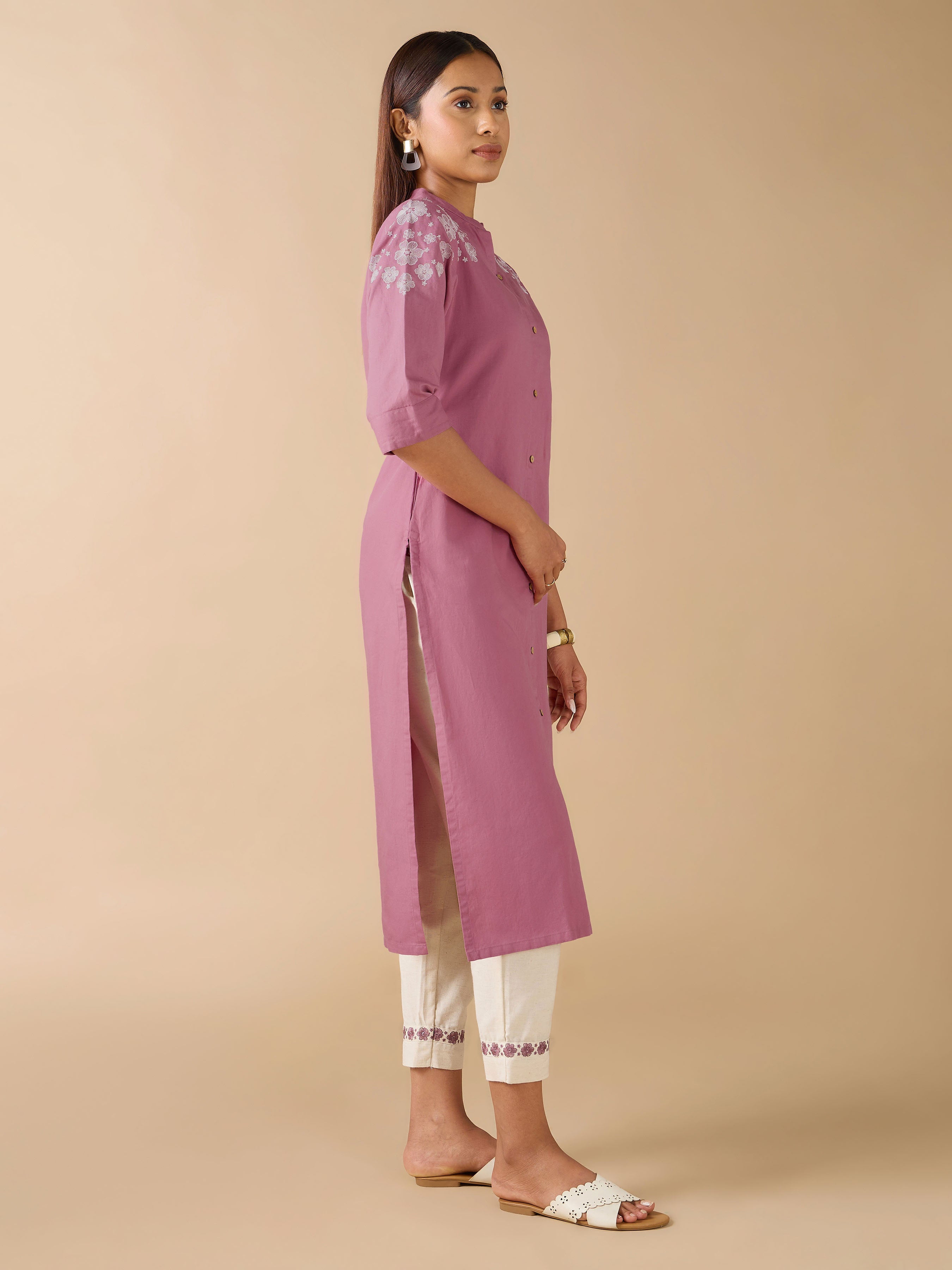 Onion Pink Cotton Linen Plain Kurti With Embroidery And Matching Bottom