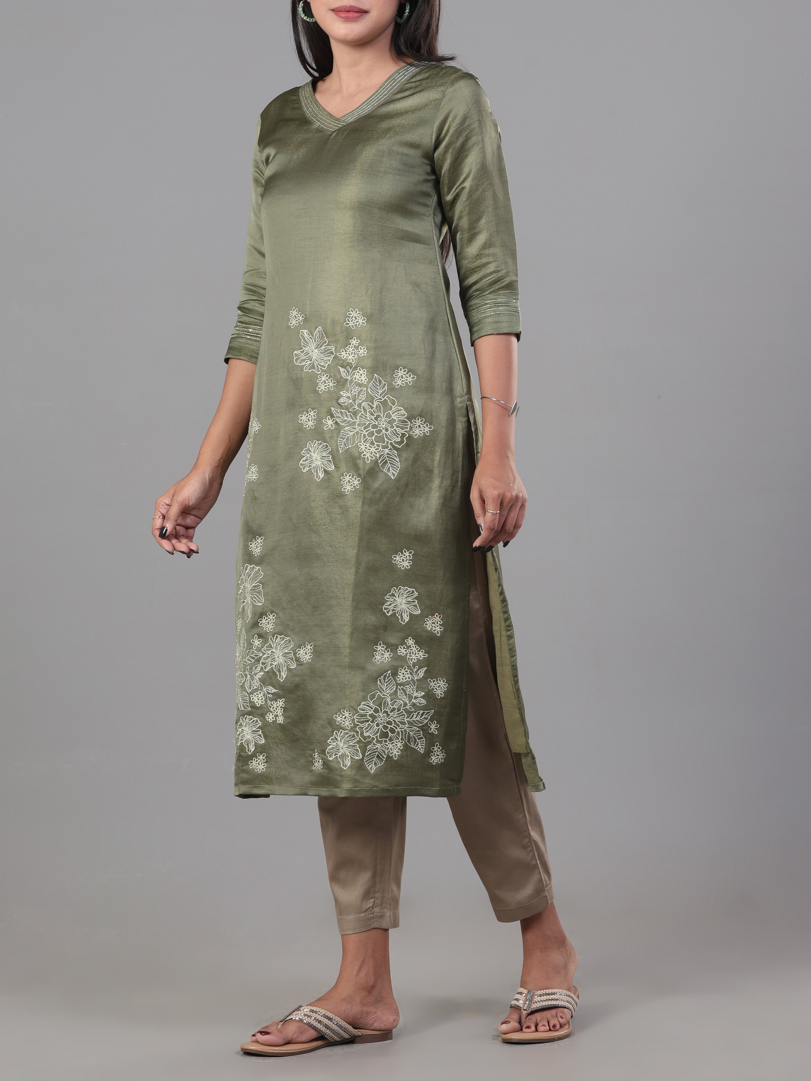 Olive Green Viscose Shimmer Kurti With Embroidery And Matching Bottom
