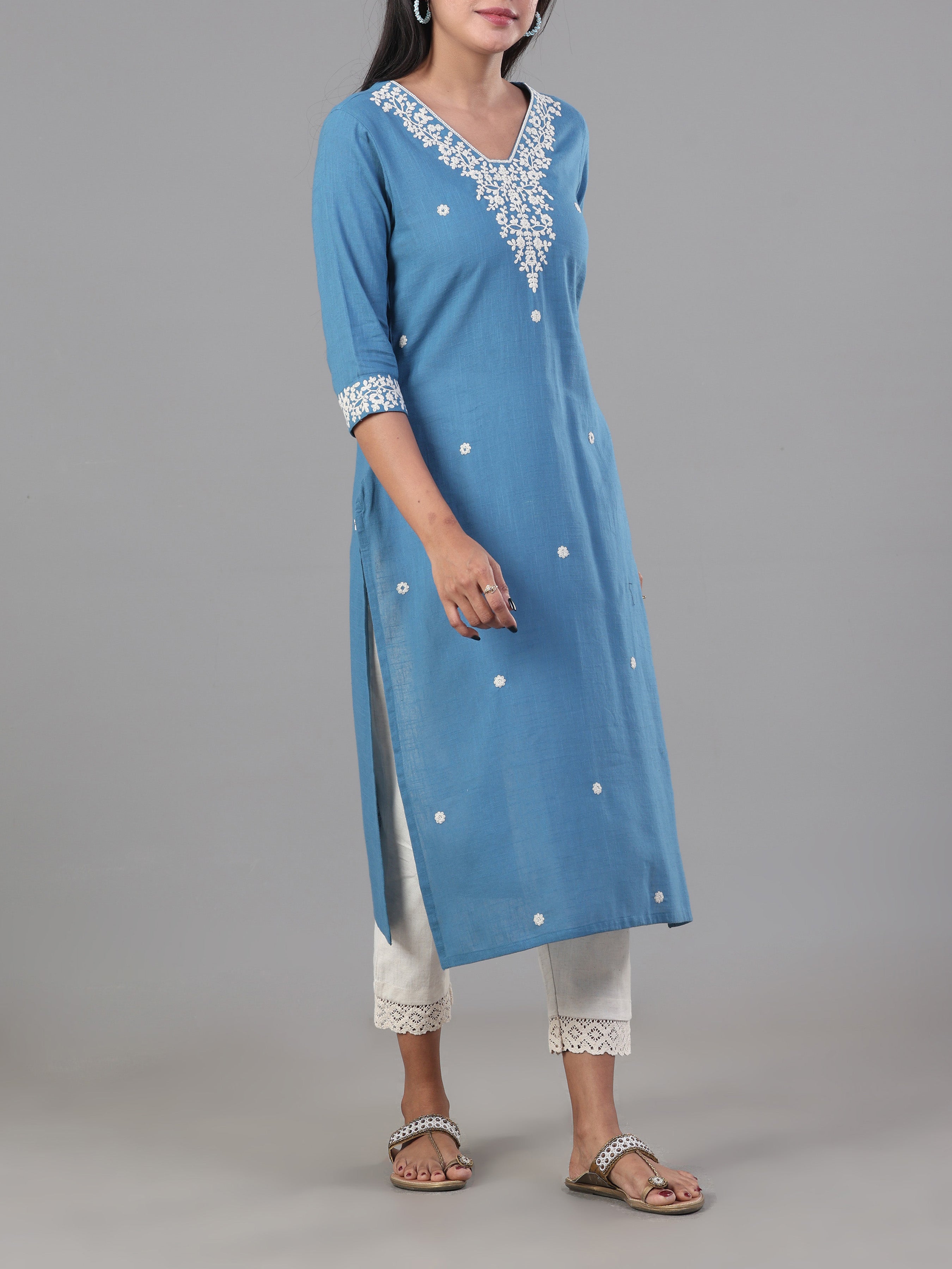 Light Blue Cotton Slub Kurti With Embroidery