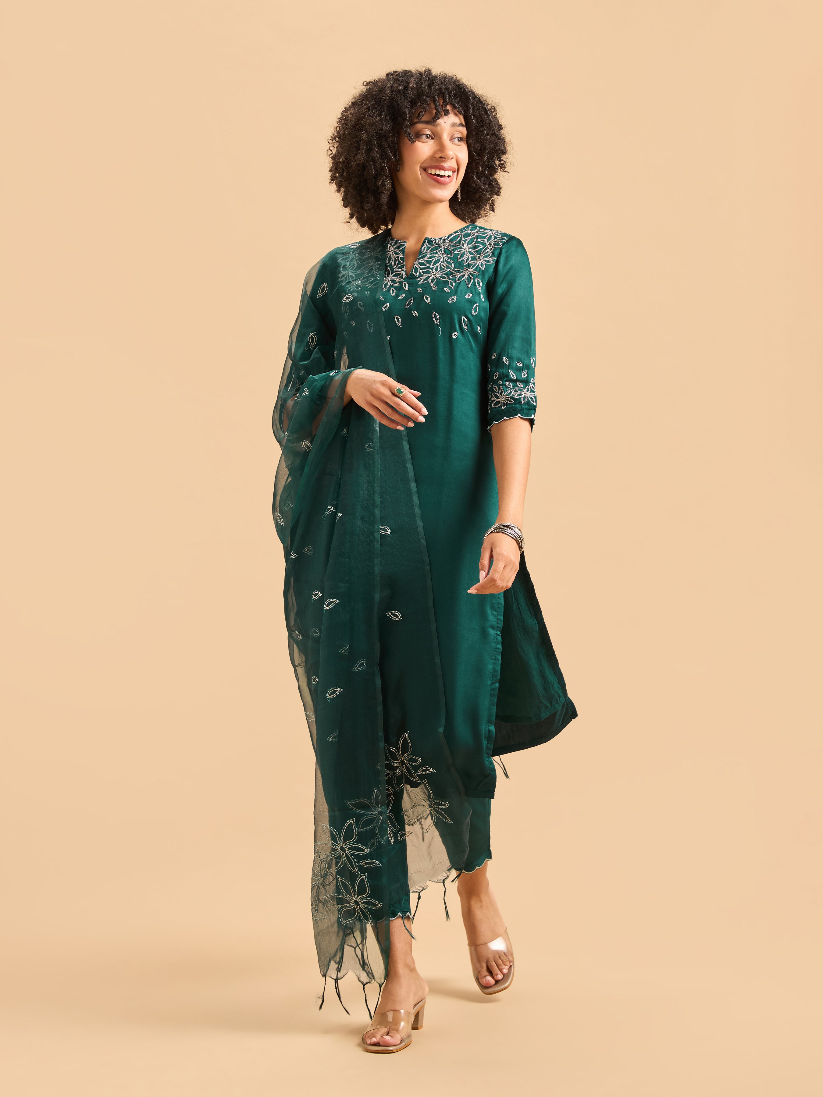 Teal Green Viscose Plain Kurti Set & Dupatta With Hand Work Embroidery