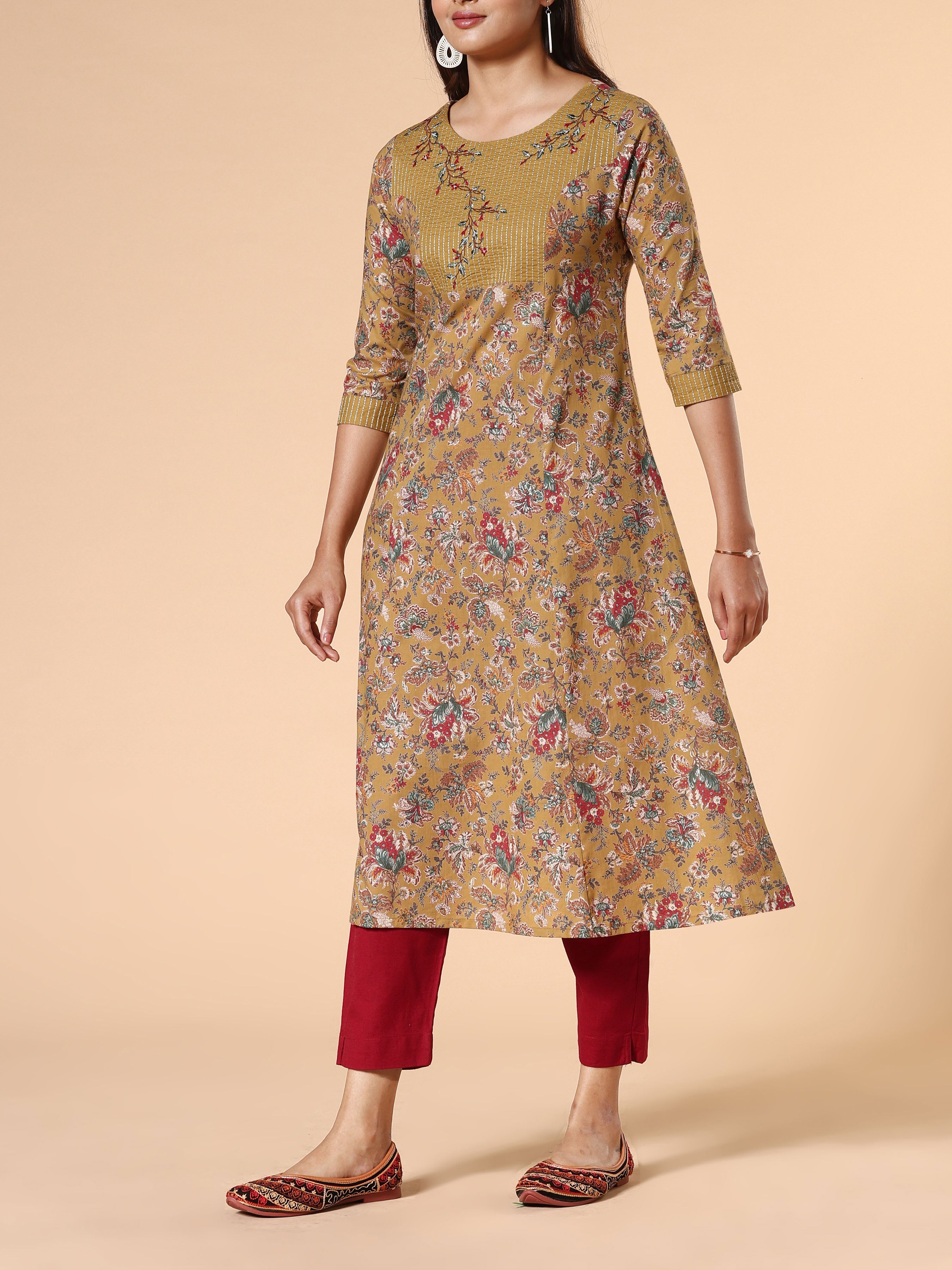 Olive Green Pure Cotton Printed Kurti With Embroidery