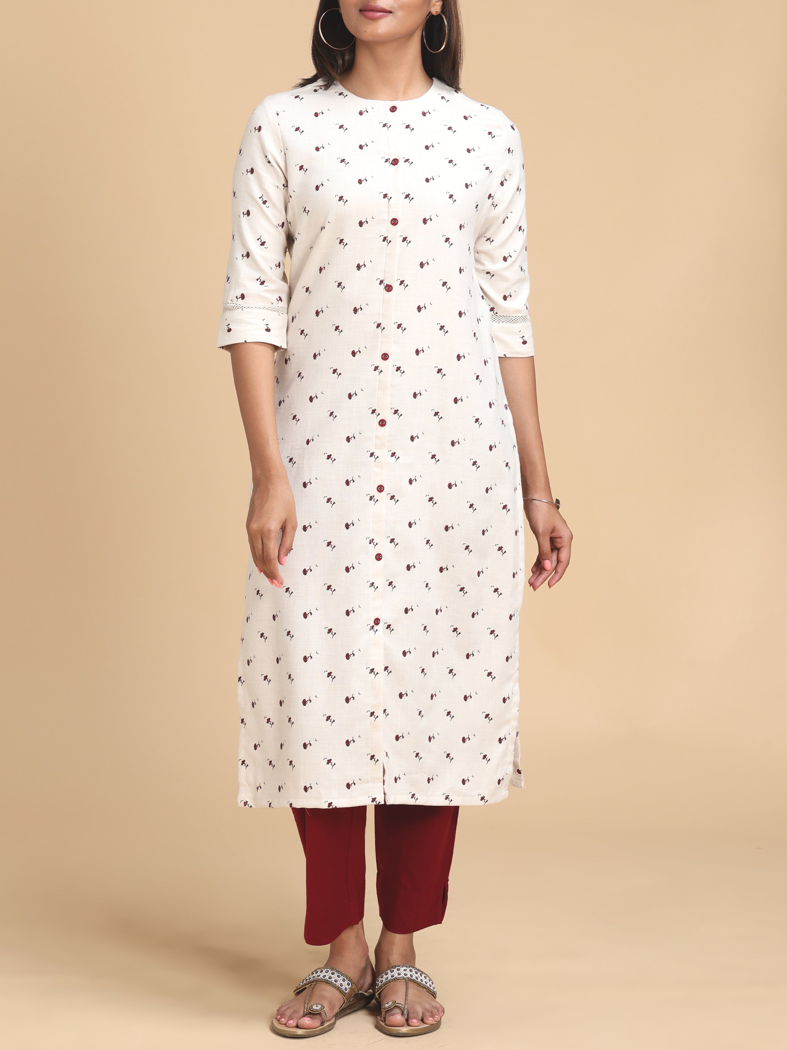 Ivory Double Cotton Kurti With Floral Print