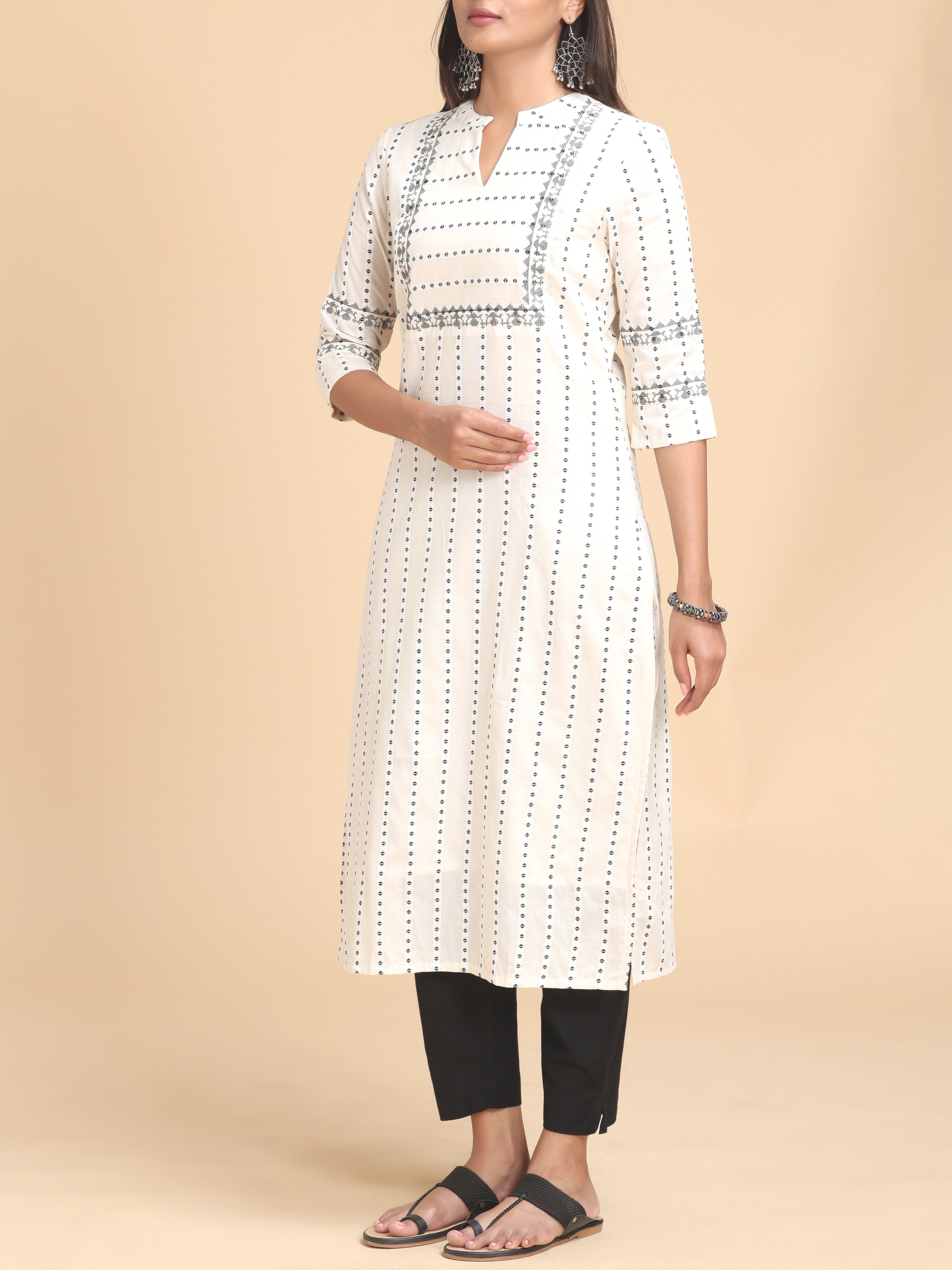 White Handloom Cotton Weaving Kurti With Embroidery