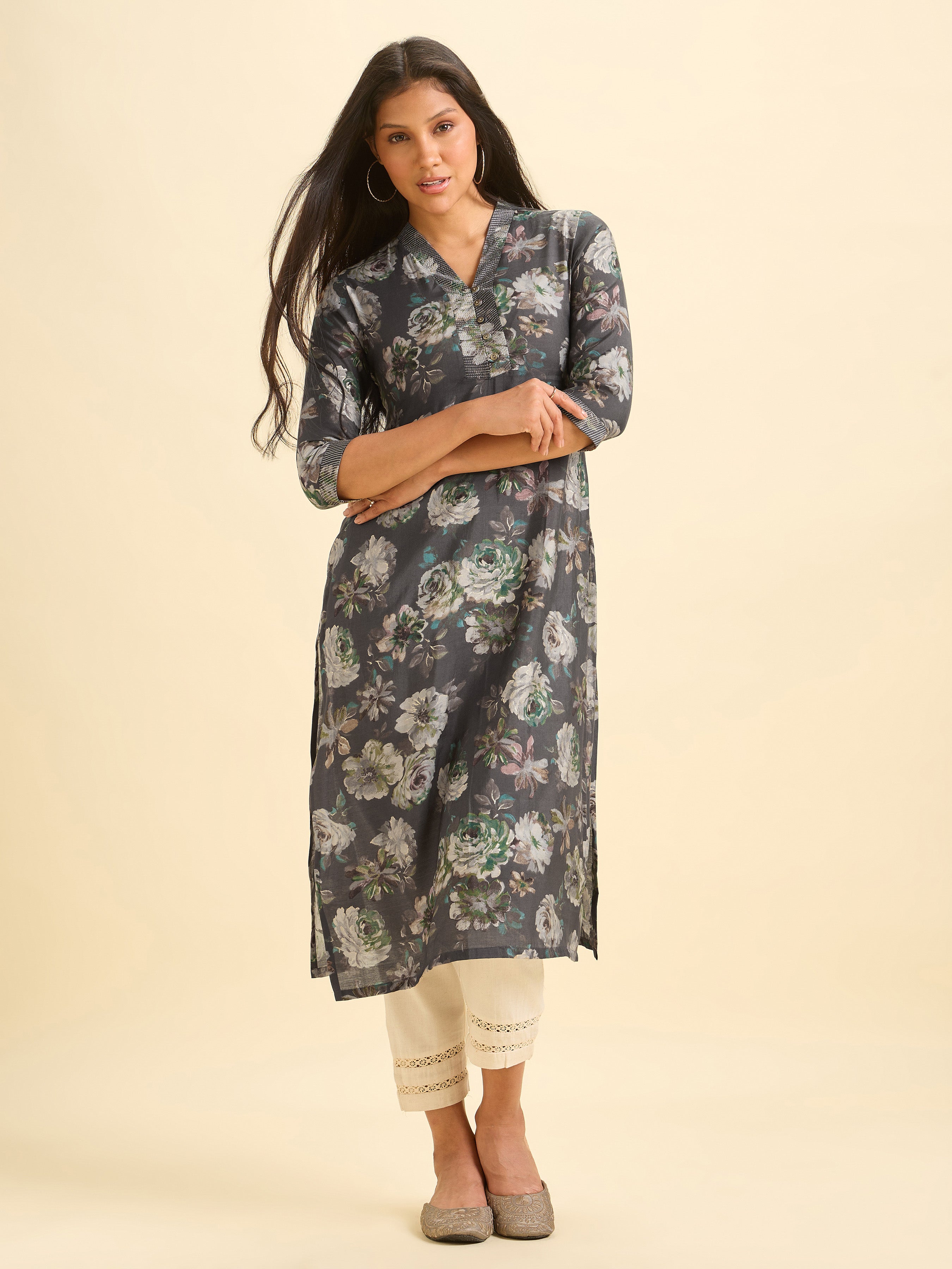 Dark Grey Modal Chanderi Printed Slited Kurti With Embroidery
