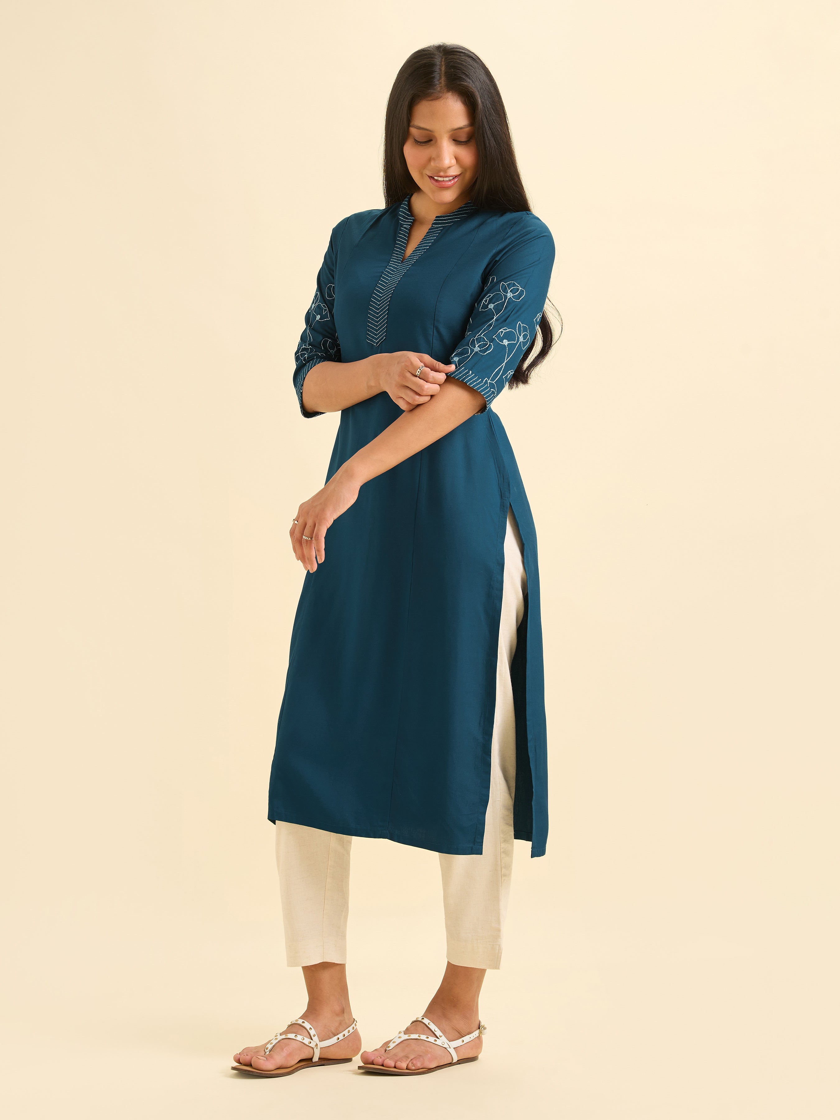 Classic Blue Viscose Plain Slitted Kurti With Embroidery