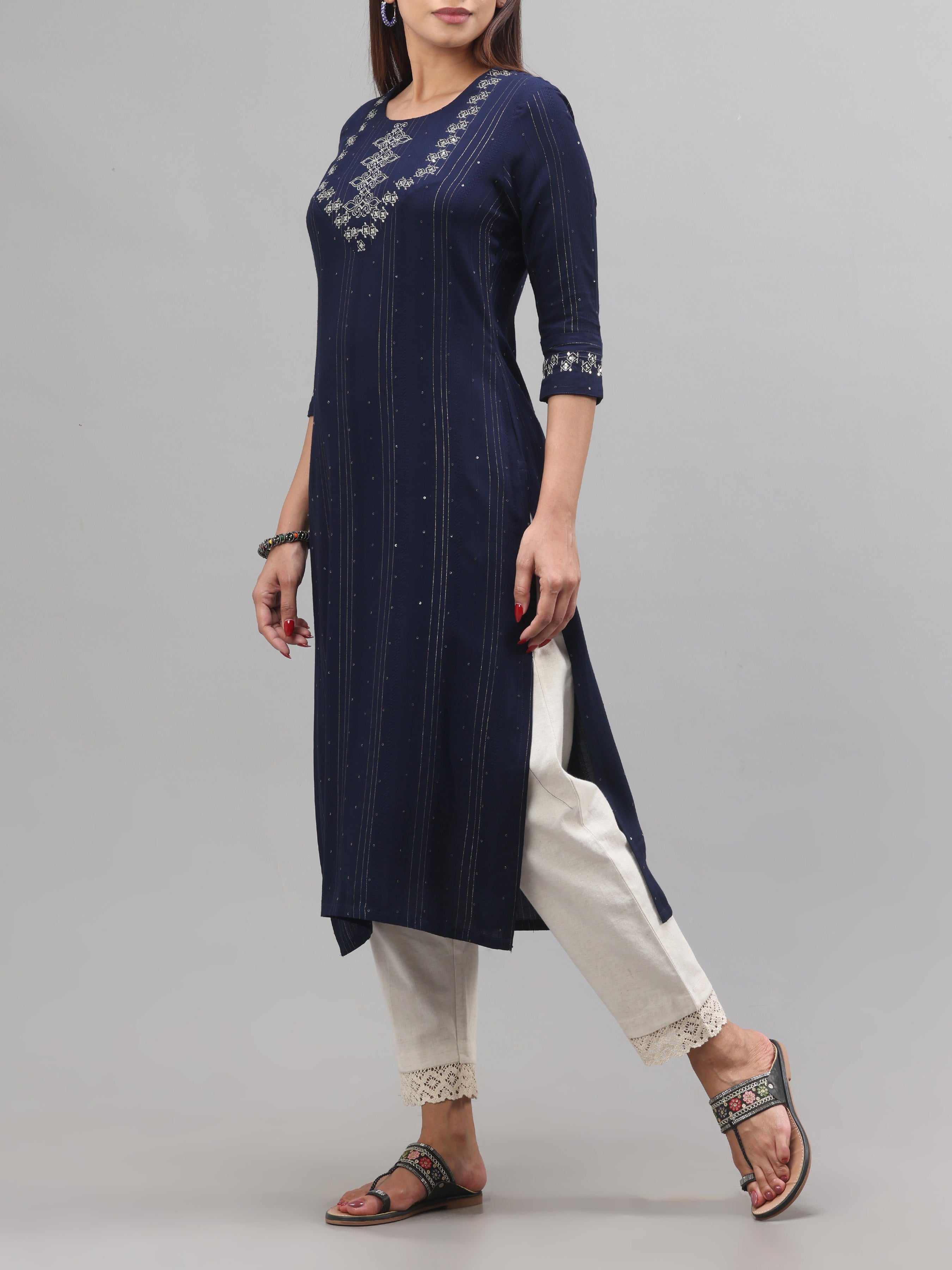 Navy Blue Viscose Kurti With Embroidery And Sequins Work