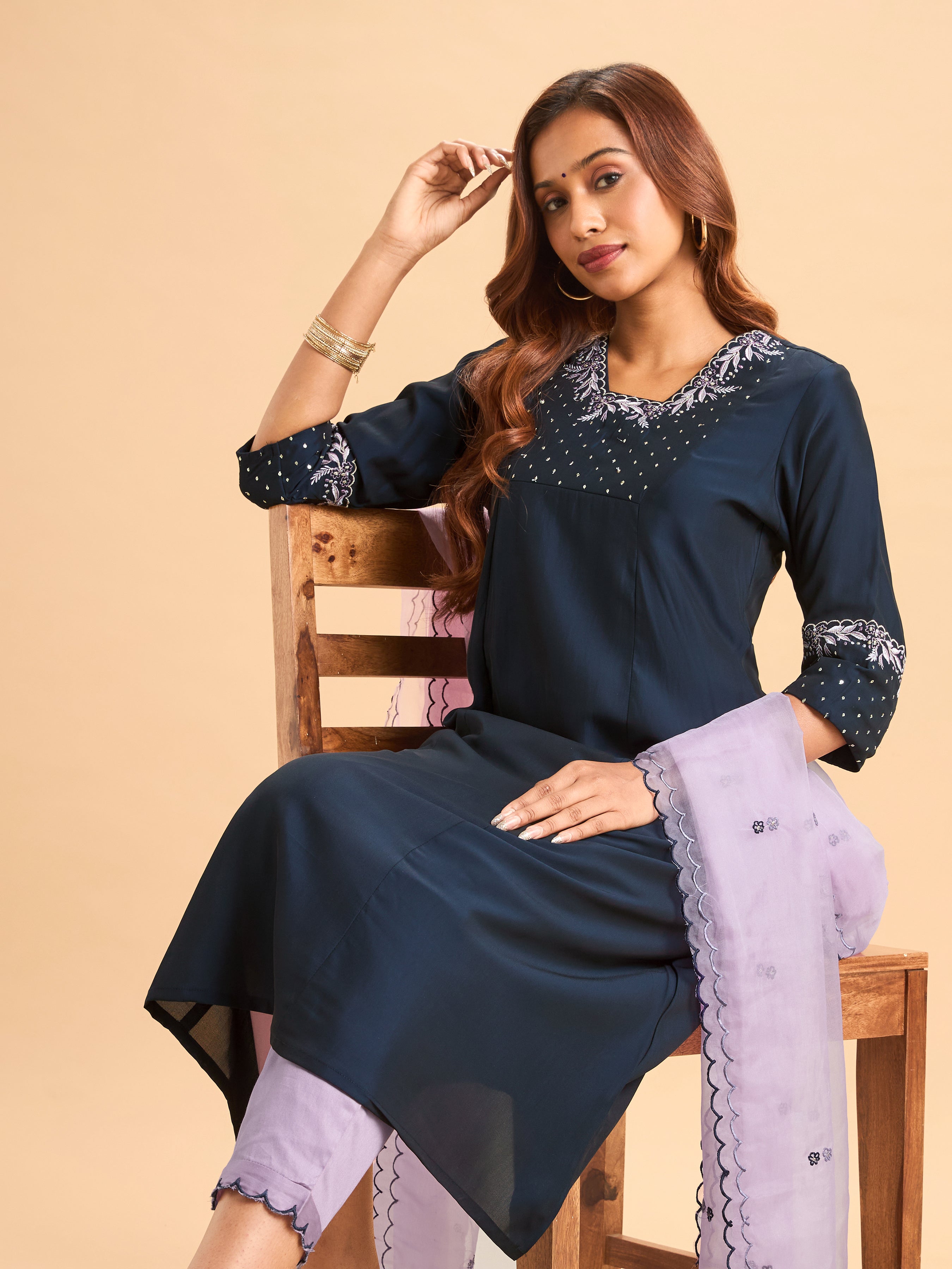 Navy Blue Viscose Blend Kurti Set With Dupatta & Sequins Embroidery
