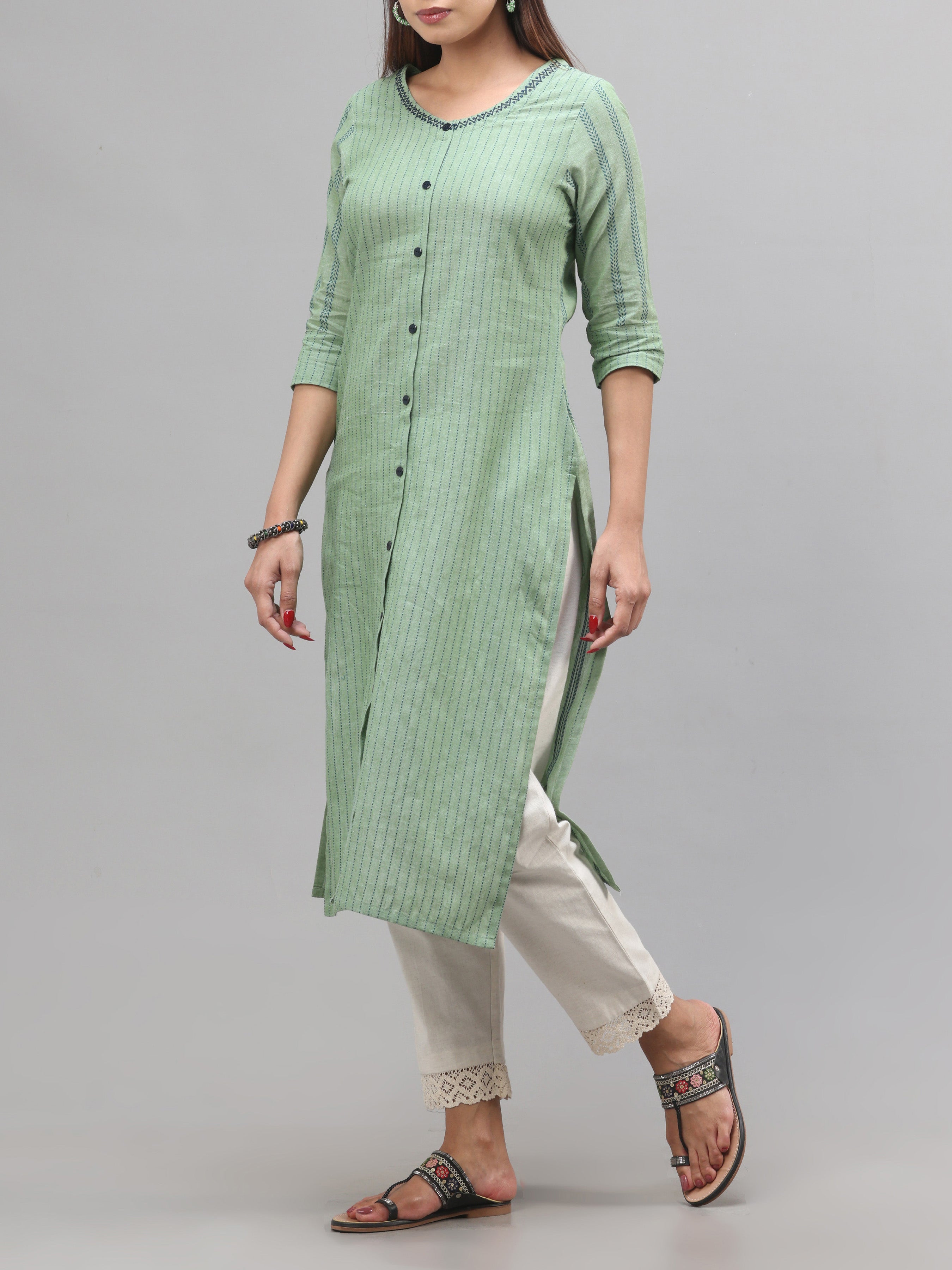 Sage Green Cotton Dobby Kurti With Embroidery