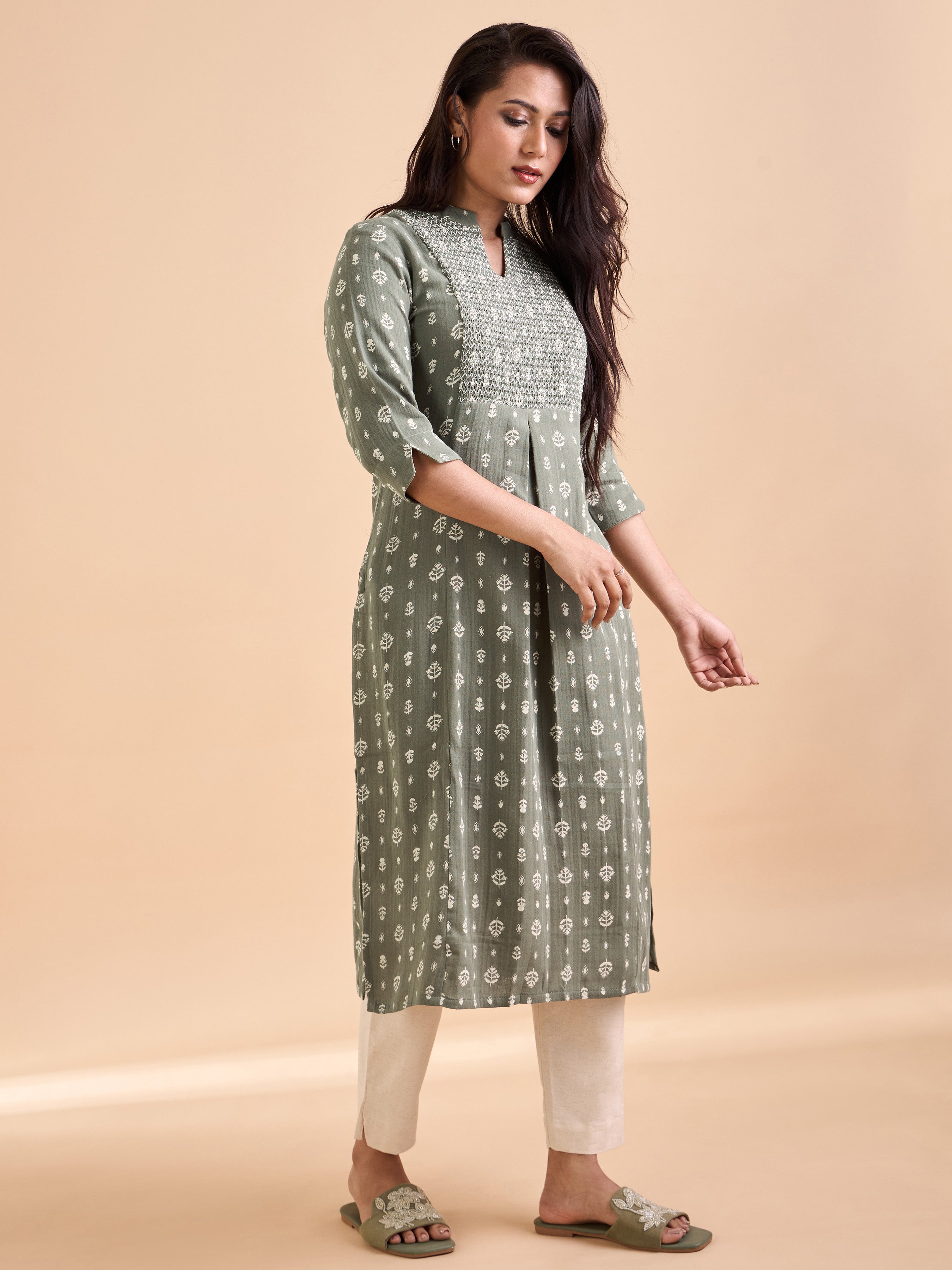 Olive Green Pure Cotton Double Cloth Printed Kurti With Smocking