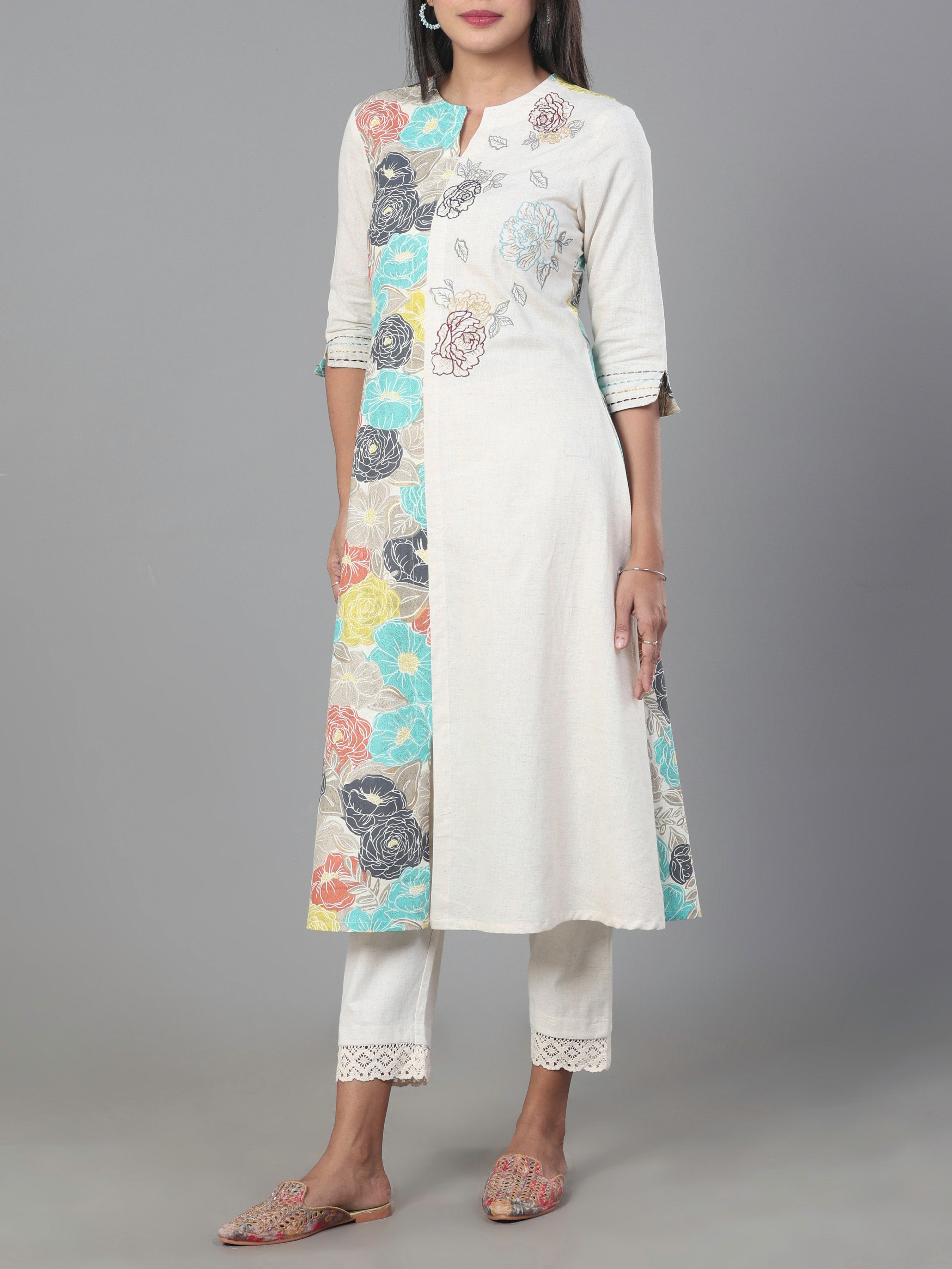 Multi Color Cotton Flax Printed Kurti With Embroidery